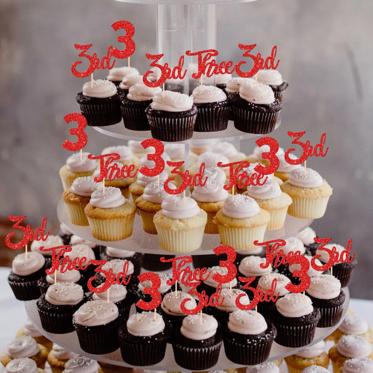 24 Pcs Three Cupcake Toppers Glitter 3Rd Birthday Cupcake Picks Number 3 Third Birthday Three Cake Decorations For Baby Shower K