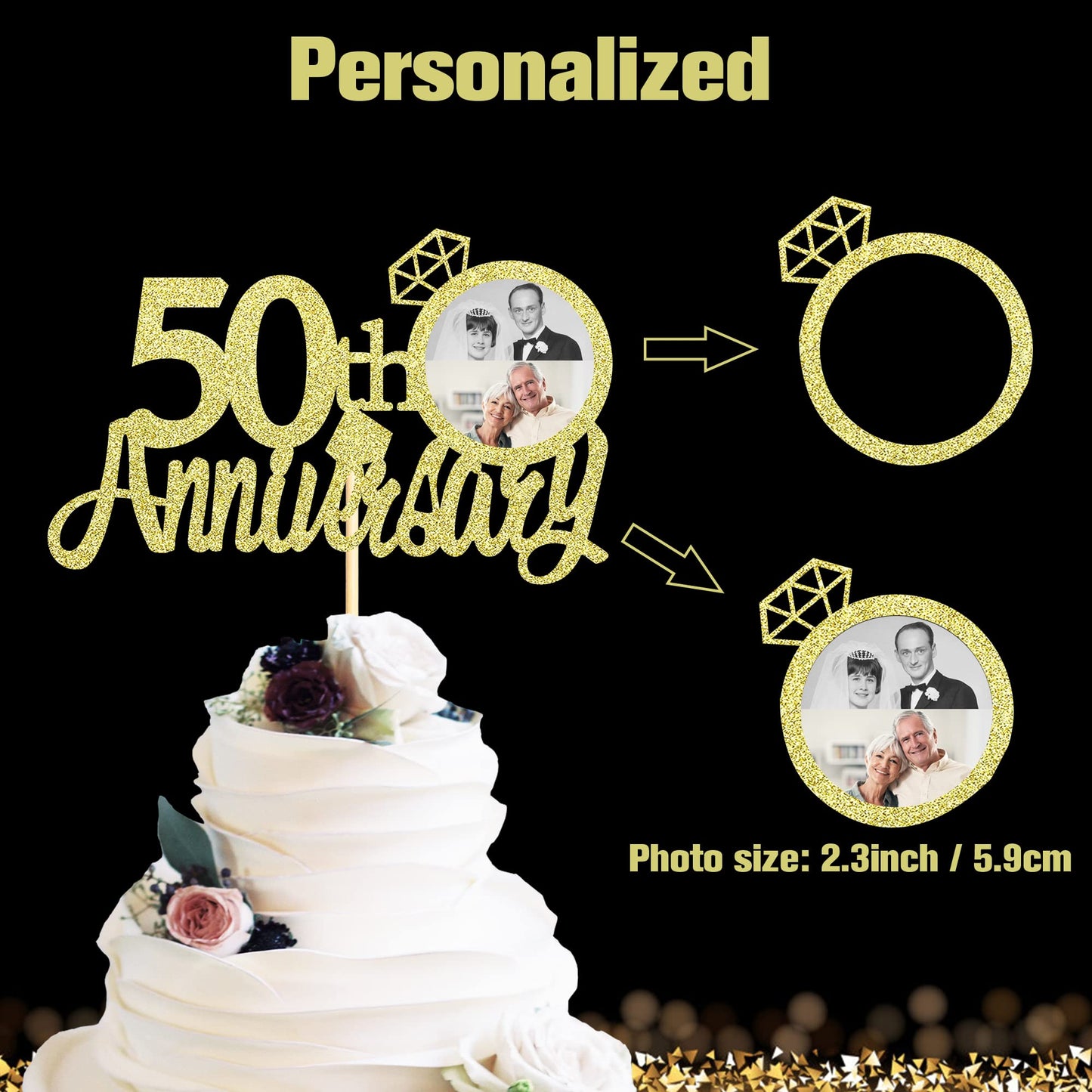 Sumerk 13 PCS Gold Glitter Cake Topper for 50th Anniversary Decorations, Medium Size, Wood Material