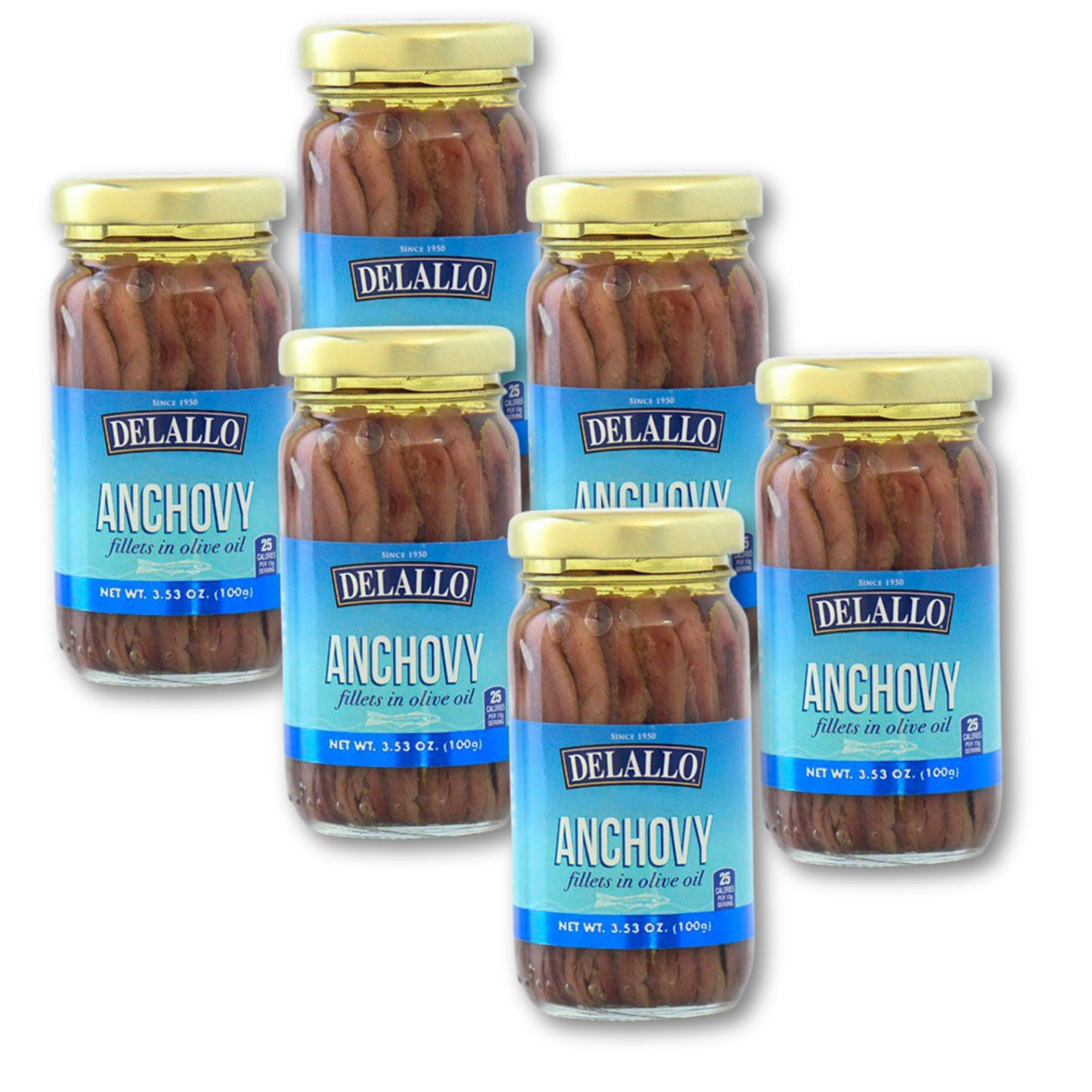 DeLallo Anchovy Fillets in Olive Oil 3.53 oz.(pack of 6)