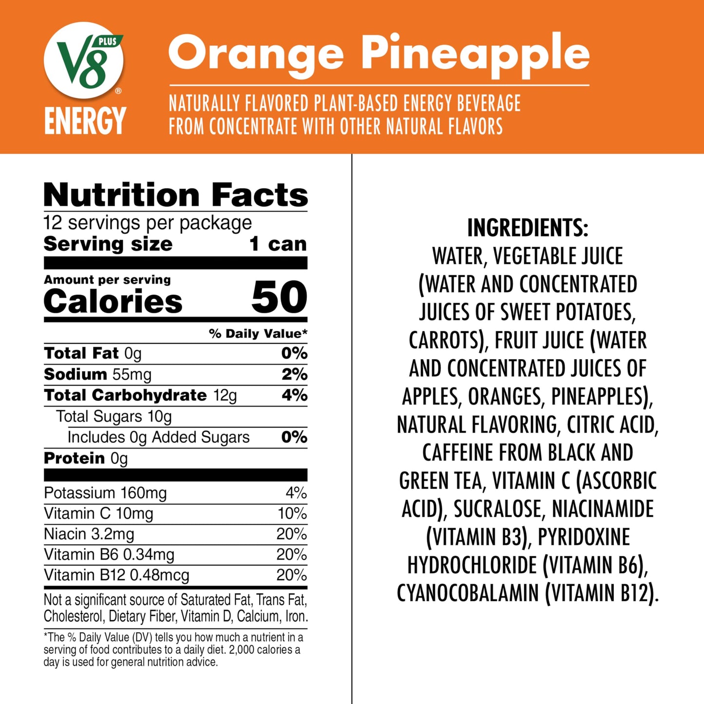 V8 Energy Drink, Orange Pineapple, Pack of 12 (8 Fl Oz)