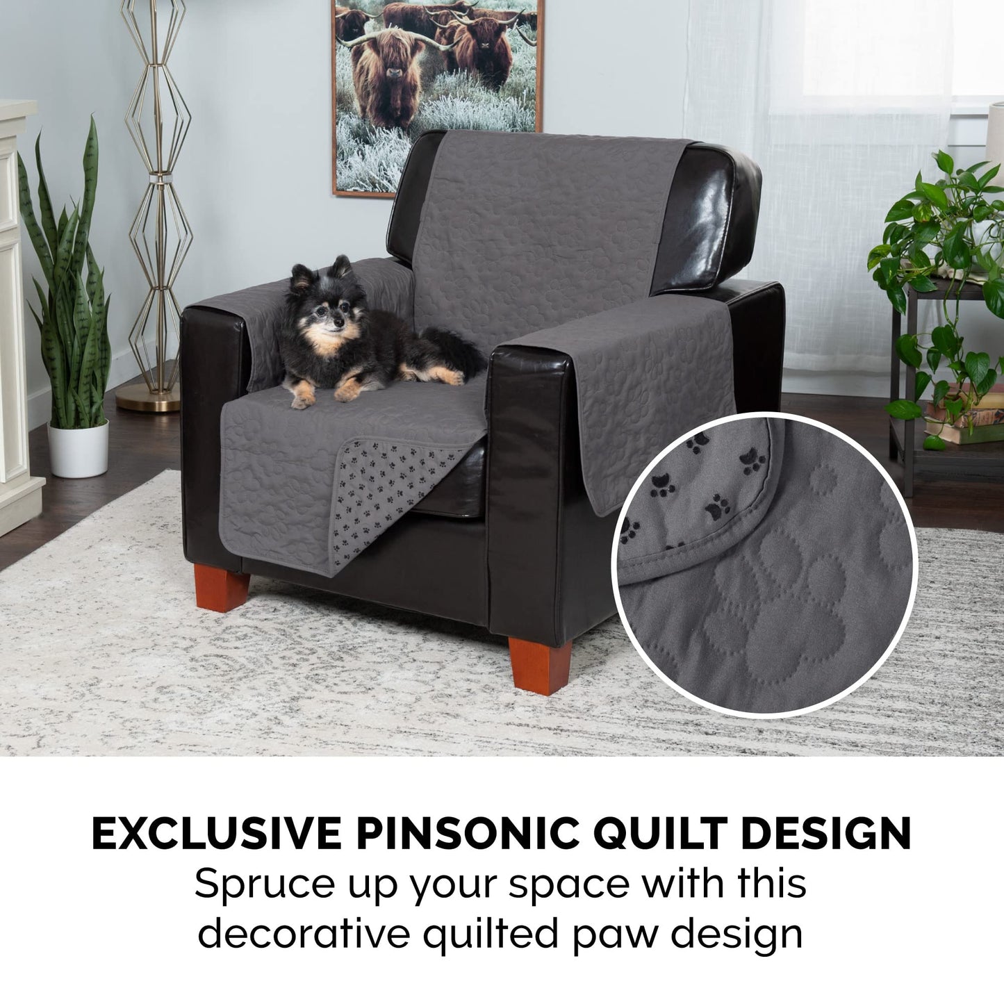 Furhaven Large Sofa Slipcover Waterproof  Non Slip Quilted Paw Print Furniture Protector Cover, Washable - Gray, Large Sofa