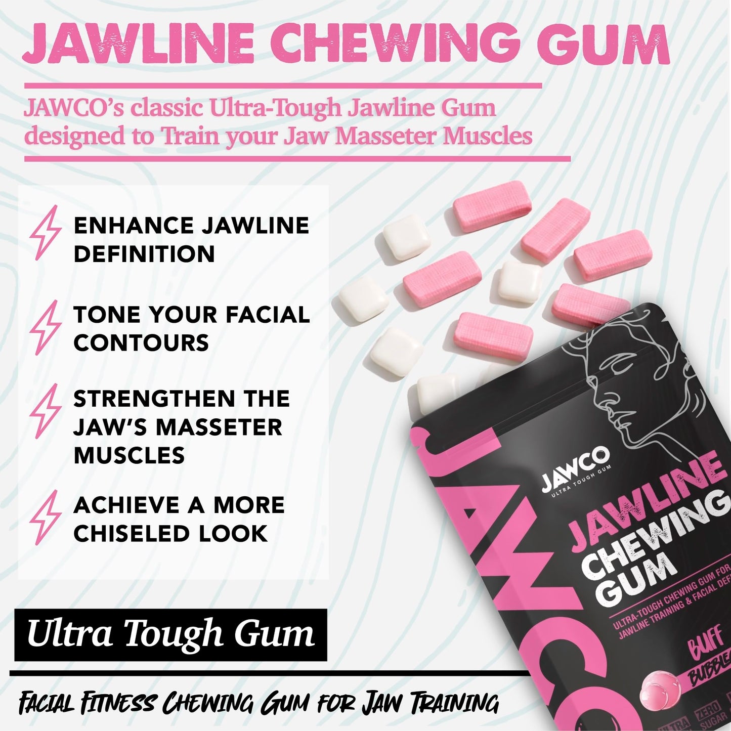 JAWCKO Ultra-Tough Jawline Chewing Gum | Get a Stronger, Squarer Jawline | Bubblegum Jaw Training Hard Gum | 15X Strength | Chis
