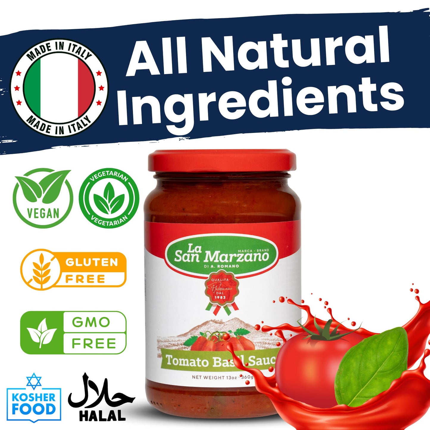 La San Marzano Tomato Basil Pasta Sauce, All Natural, Non-GMO, Vegan, Gluten Free, 13 oz (Pack of 4)