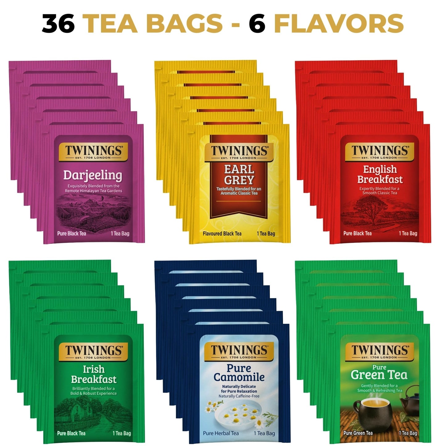 Twinings Tea Bag Sampler Variety With Walnut Wooden Organizer Tea Chest (36 Tea Bags) 6 Different Popular Flavors, Gift For Tea Lovers: Women, Men, Mom, Dad, Family, Friends, Couples
