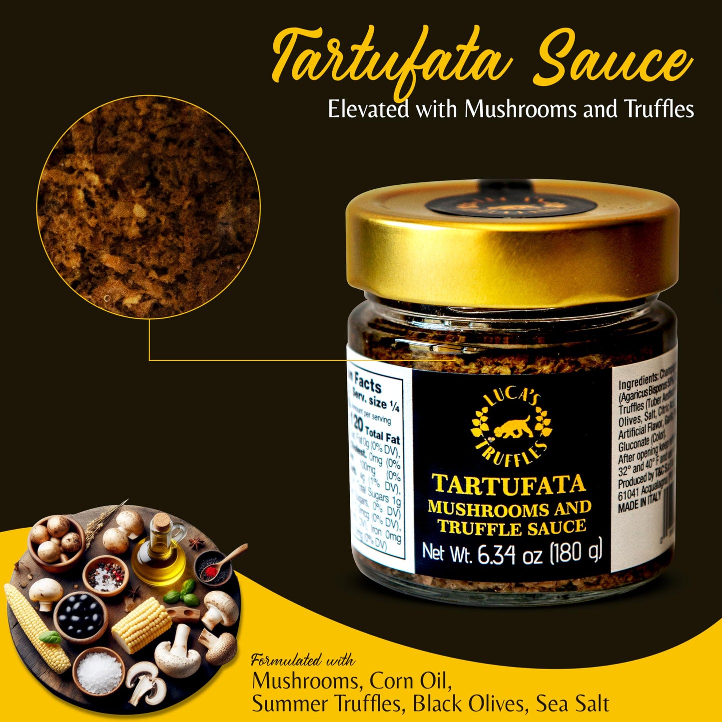 Lucas Truffles Black Truffle Patè - Vegan, Gluten-Free, 6.34oz (180g) - Truffle Sauce Made in Italy