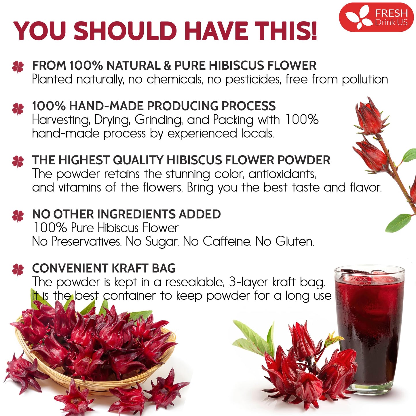 FRESHDRINKUS Hibiscus Flower Powder, 100% Natural, Vegan, 28oz