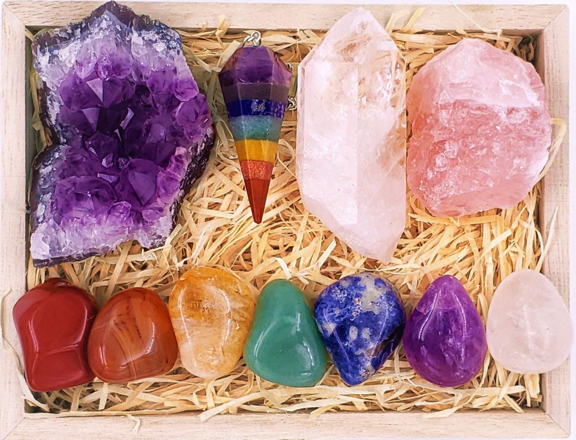 Crystals And Healing Stones Premium Kit In Wooden Box - 7 Chakra Stones Healing Crystals Set, Rose Quartz, Amethyst Cluster, Qua