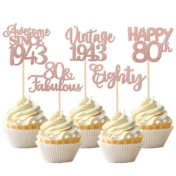 30Pcs Vintage 1943 Cupcake Toppers Glitter Eighty 80 Fabulous Happy 80Th Birthday Cupcake Picks Awesome Since 1943 Cake Decorati