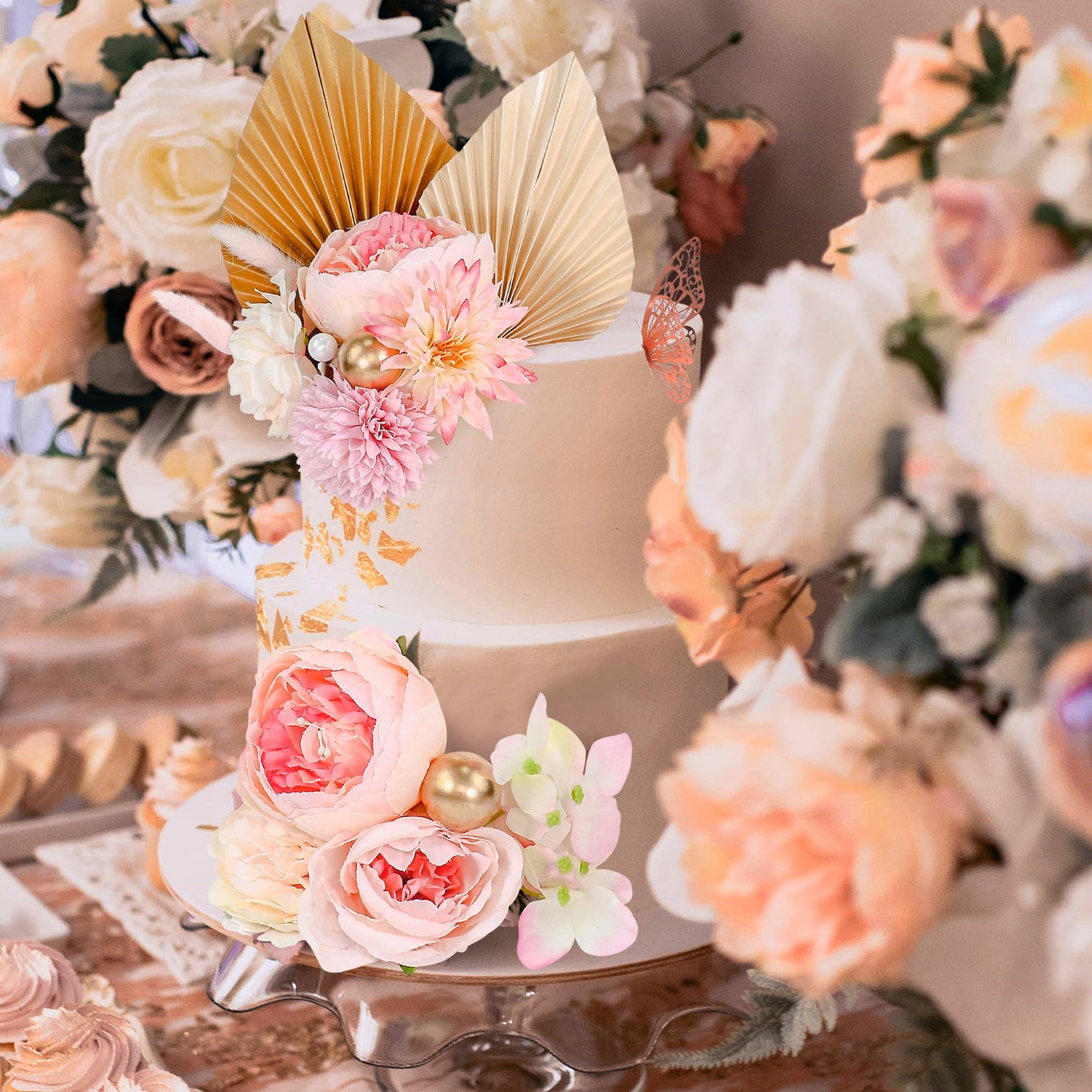 22 Pcs Cake Topper Flower Decorations Pink Palm Leaves Butterfly Floral Bohemian Bridal Party Baptism Baby Shower Summer Lady Ca