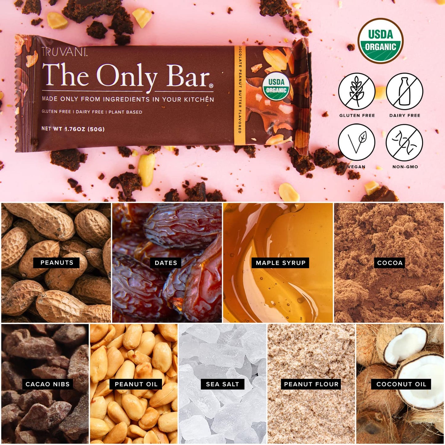 Truvani Plant Based Snack Bar | Chocolate Peanut Butter Single Bar | 7G Protein | Usda Organic And Vegan | The Only Bar | Dairy,