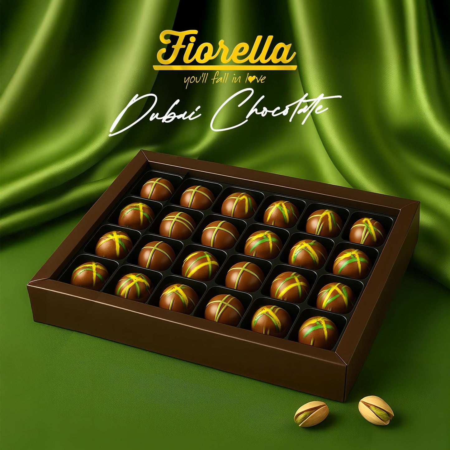Fiorella Dubai Chocolate Truffles Gift Box, Milk Chocolate With Pistachio, Butter & Crispy Kataifi, 24-Piece Box, Christmas Chocolate Candy