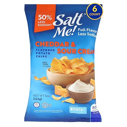 SaltMe! Cheddar & Sour Cream Potato Chips, 50% Low Salt, Kosher, Non-GMO, Better for You Chips, Flavorful, 5 Ounces, Pack of 6