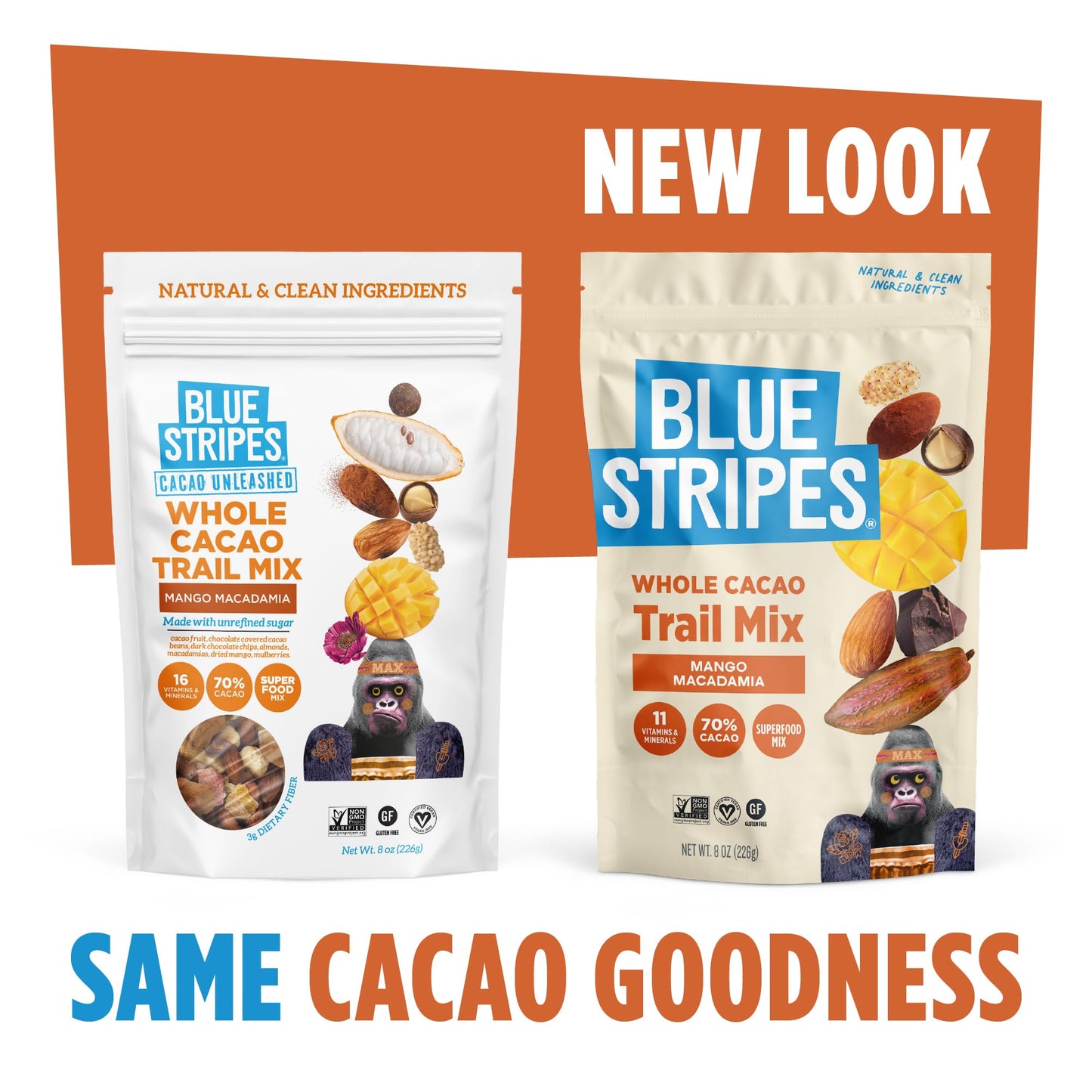 Blue Stripes - Trail Mix, 70% Chocolate Chips, Almonds, Macadamia Nuts, Mango, Healthy Snacks for Adults, Whole 70% Cacao, With