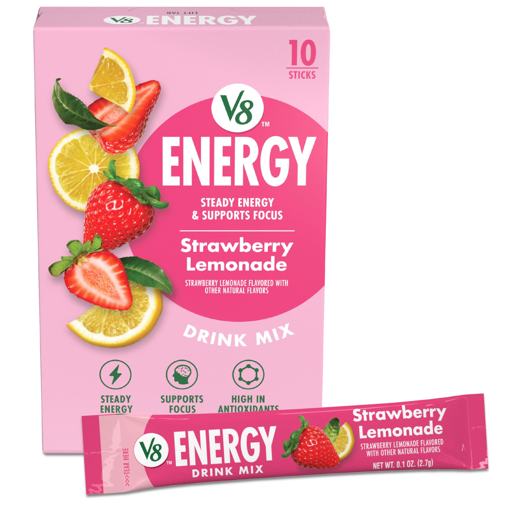 V8 Energy Strawberry Lemonade Drink Powder, 10 Count, Model 200000029344