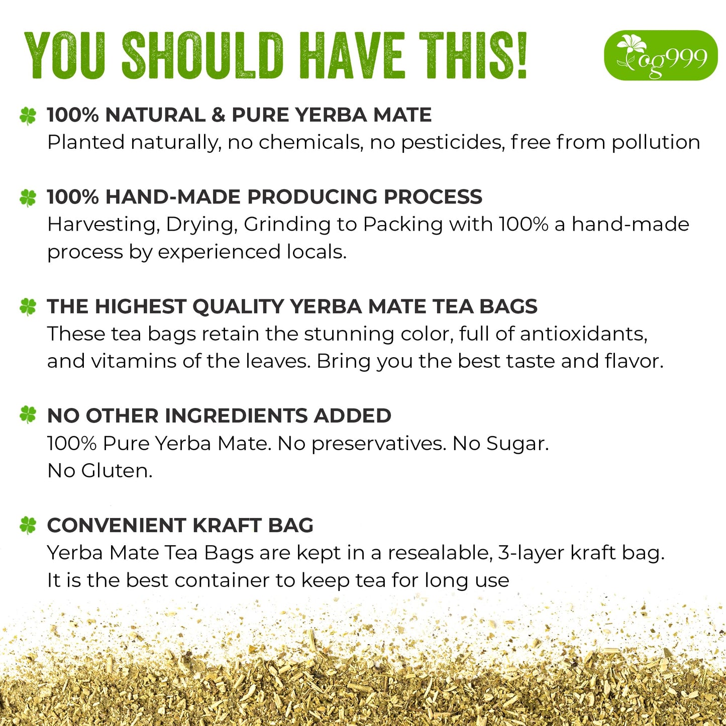 TOG999 Yerba Mate Tea Bags, Hi-Caffeine, Unsmoked, 60 Bags, Rich in Antioxidants, Fresh from Argentina