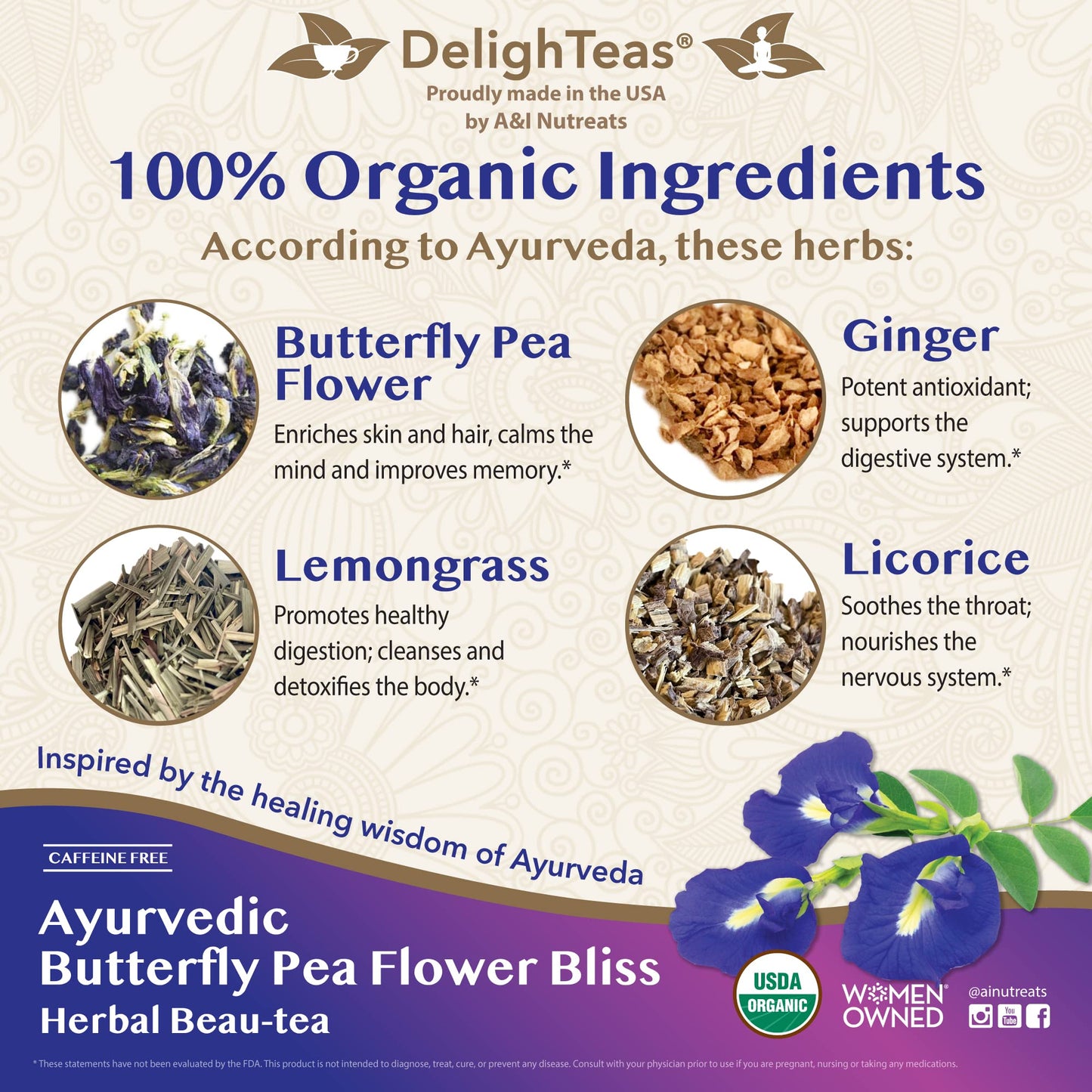DelighTeas Organic Butterfly Pea Flower Tea with Ginger & Lemongrass, 16 Pyramid Tea Bags, USDA Organic, Vegan, Caffeine Free