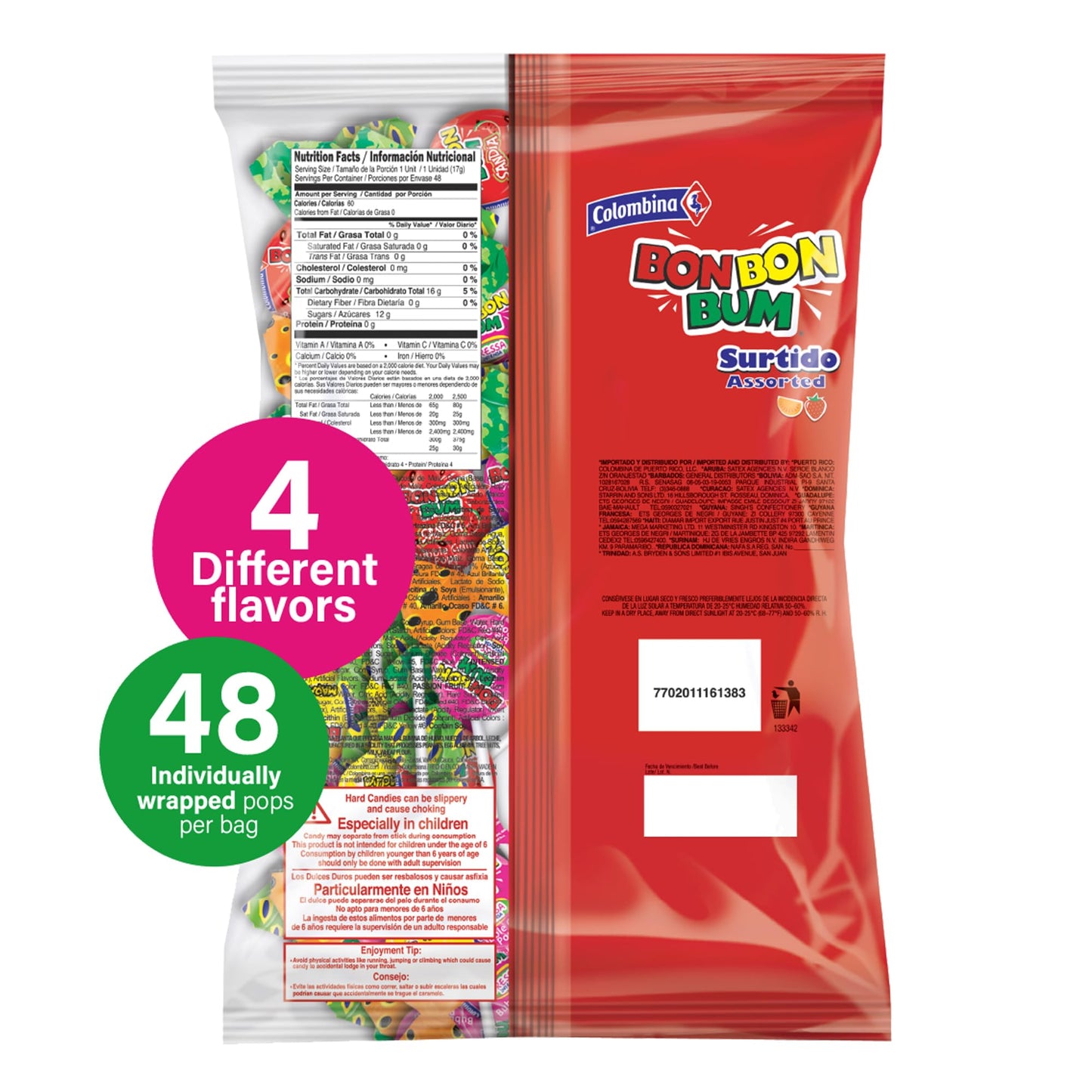 Colombina Bon Bon Bum Lollipops, Assorted Flavor, 48 Count (Pack of 2)