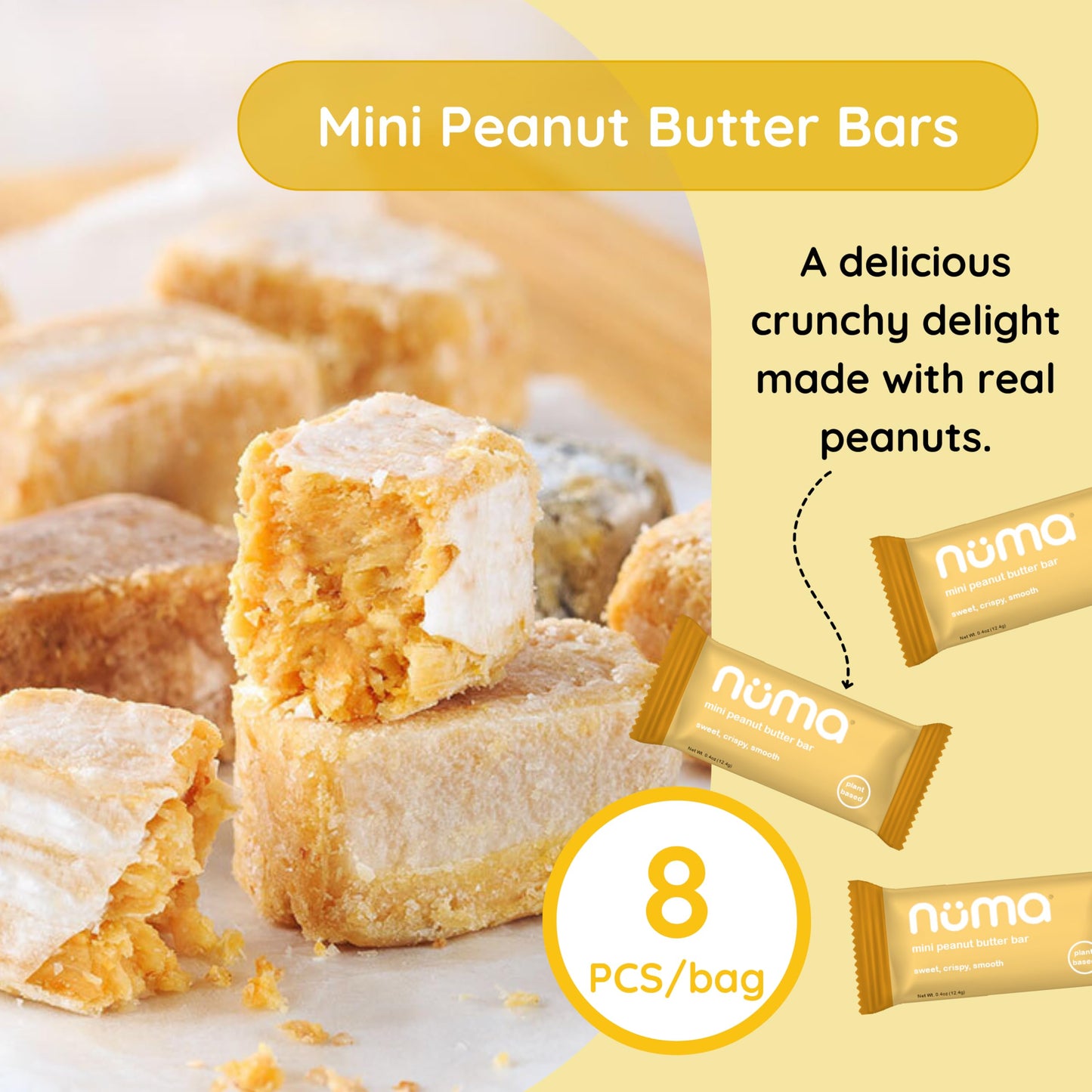 Numa Foods Mini Peanut Butter Bars - Vegan, Low Sugar, High Protein, All Natural, Gluten Free - Crunchy Plant Based Peanut Butte