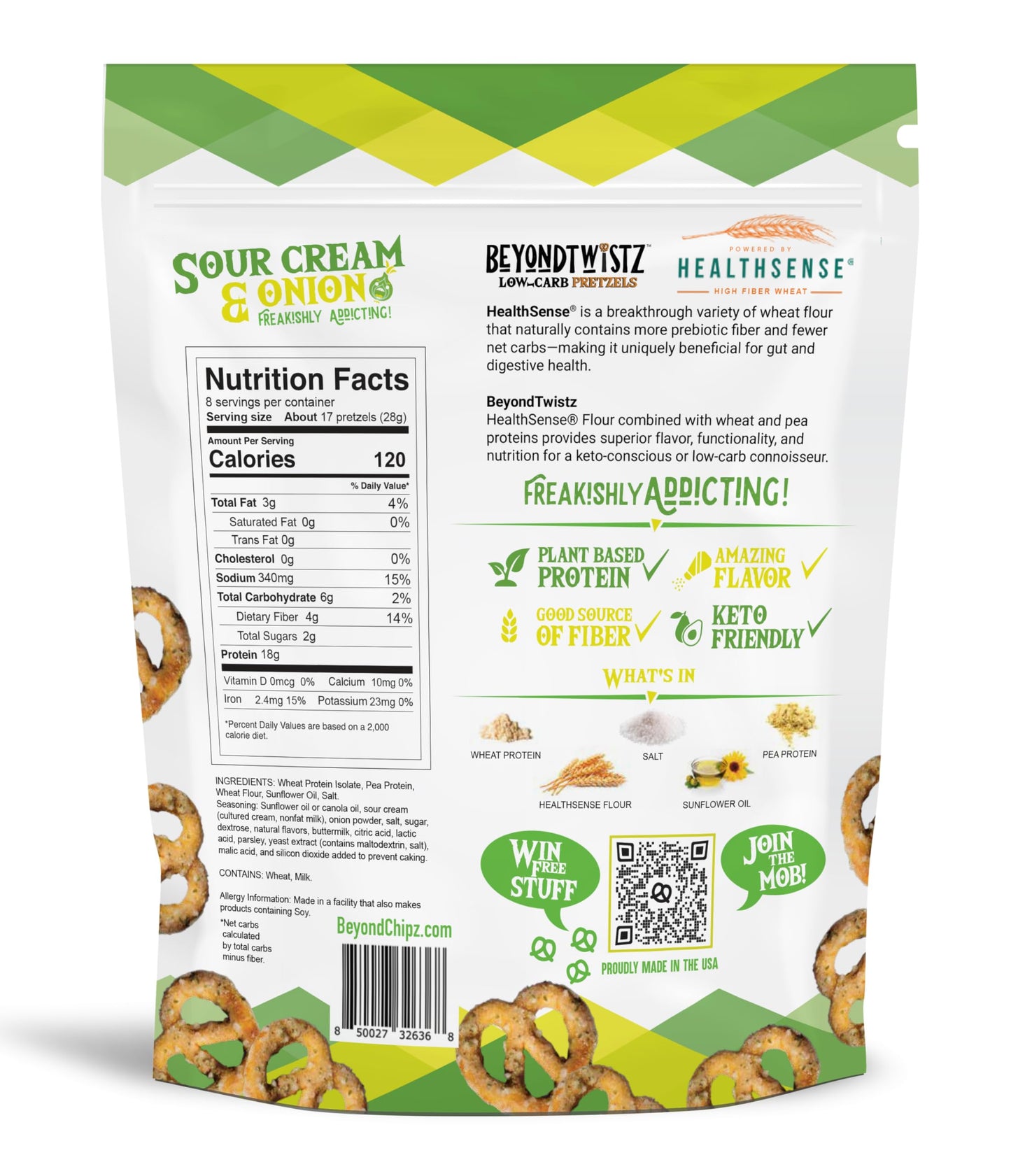 BeyondChipz Low Carb Pretzels, Sour Cream & Onion, 2g Net Carbs, 18g Protein, 8oz Bag, Pack of 3