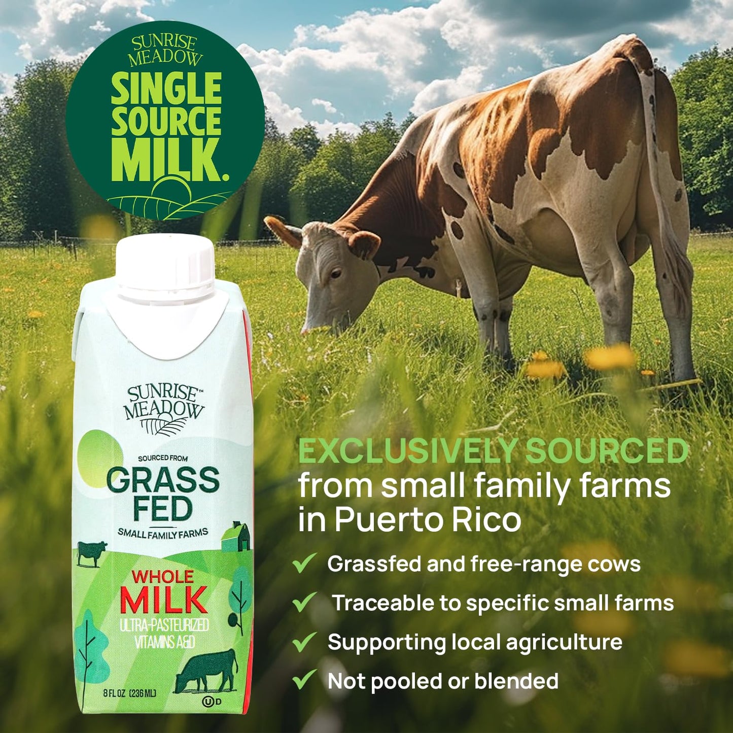 Sunrise Meadow Shelf Stable Whole Milk  Grass Fed Milk Carton Sourced from Small Family Farms  8oz Boxes (24 pack) Great for On the Go  No Refrigeration needed