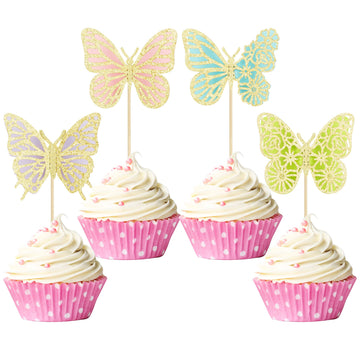 Gyufise 24Pcs Butterfly Cupcake Toppers Assembled Gold Glitter Colorful Double Layers 3D Butterfly Cupcake Picks Butterfly Theme