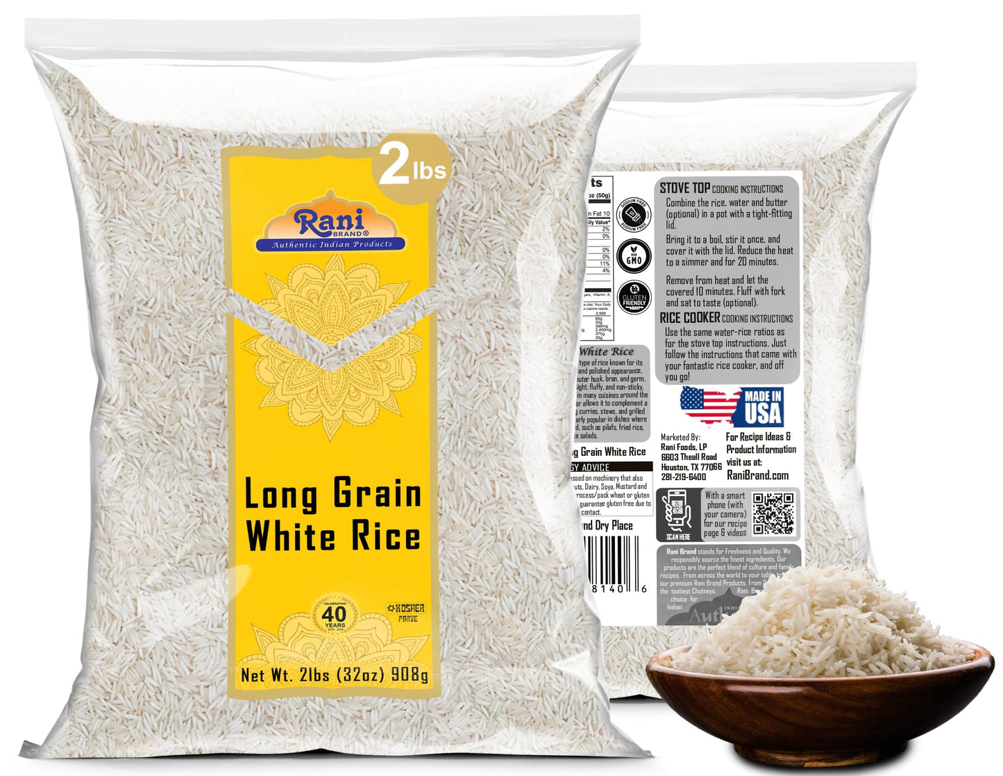 Rani Long Grain White Rice 32Oz (2Lbs) 908G ~ All Natural | Gluten Friendly | Vegan | Non-Gmo | Kosher | Product Of Usa