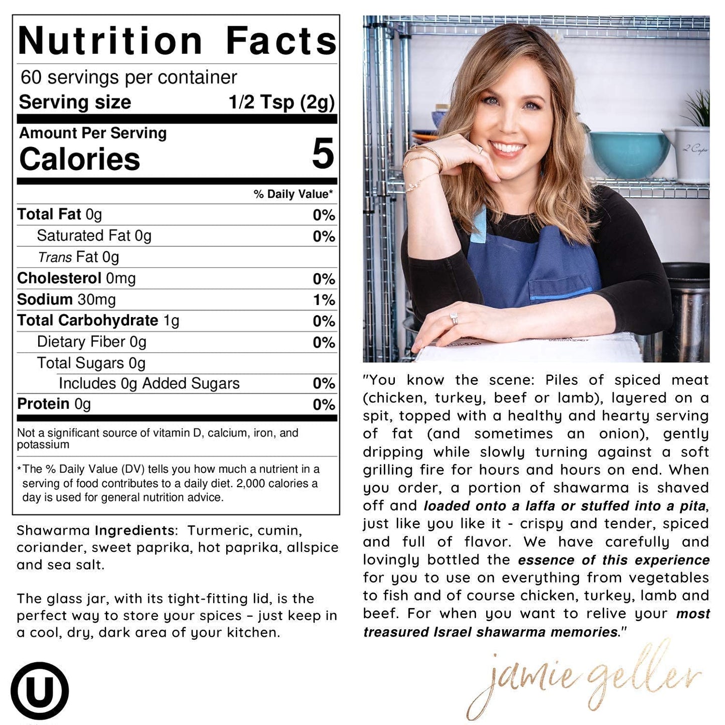 Jamie Geller Shawarma Seasoning Spice Mix, 4.2oz Glass Jar, OU Kosher, Ideal for Meat, Turkey, Grilled Chicken, Beef Rub