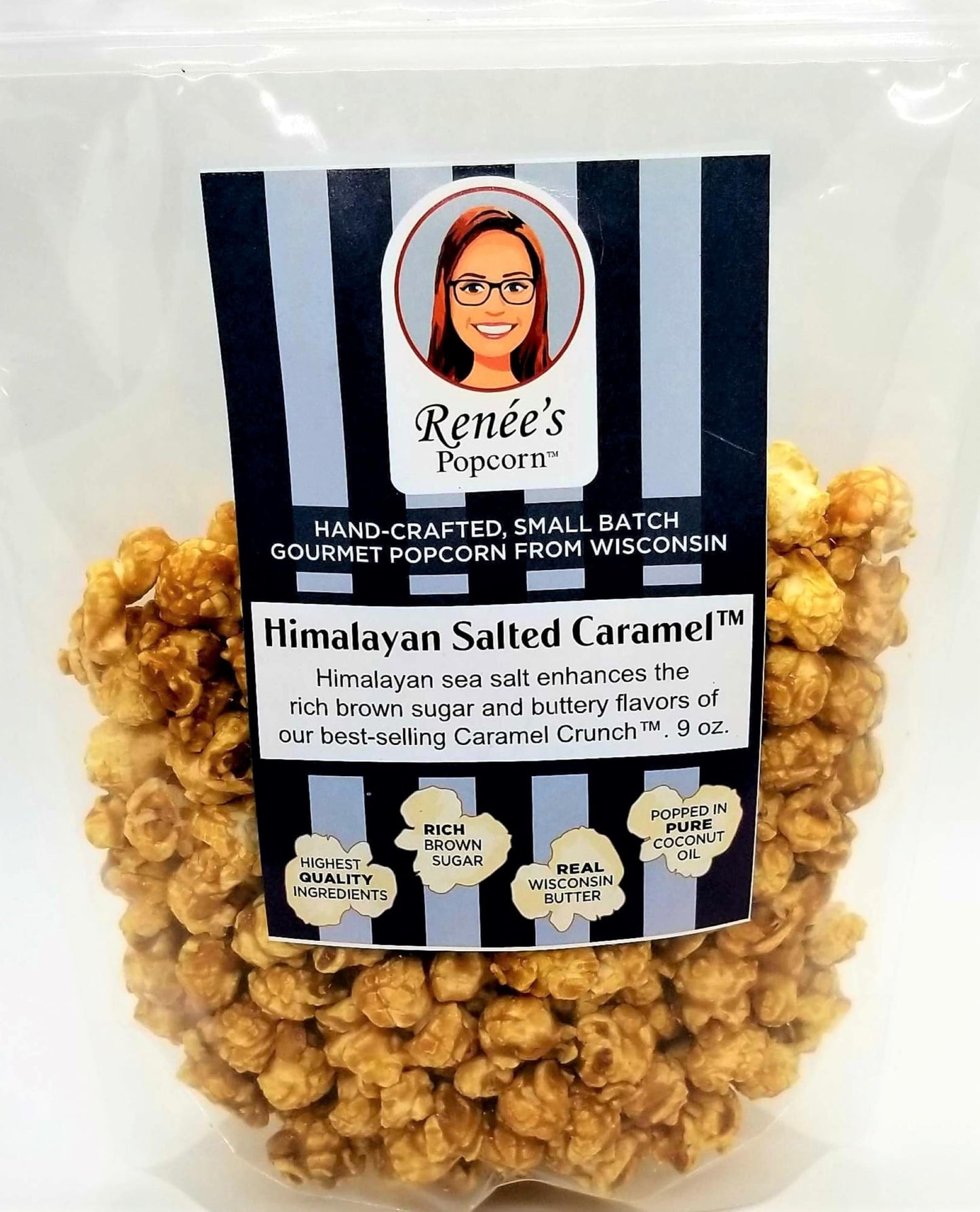 Ren  es Himalayan Salted Caramel Crunch Gourmet Popcorn - buttery Caramel Crunch and pink Himalayan sea salt on fresh popped cor