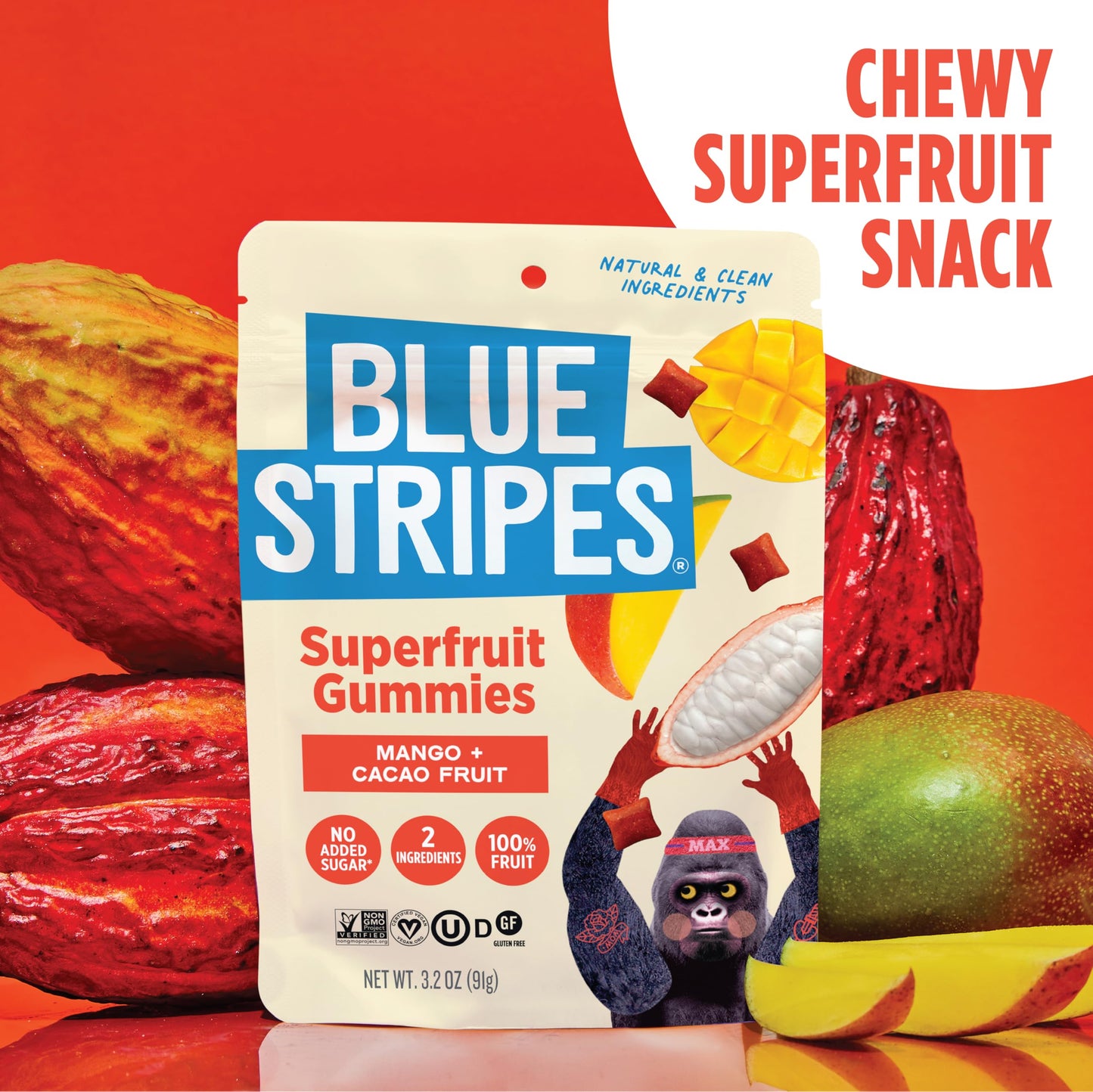 Blue Stripes Cacao Superfruit Gummies - Vegan Chewy Fruity Snack  No Sugar Added 100% Fruit Gummy  9 Essential Vitamins & Minerals  Natural Tropical Superfood - Mango & Cacao  3.2oz