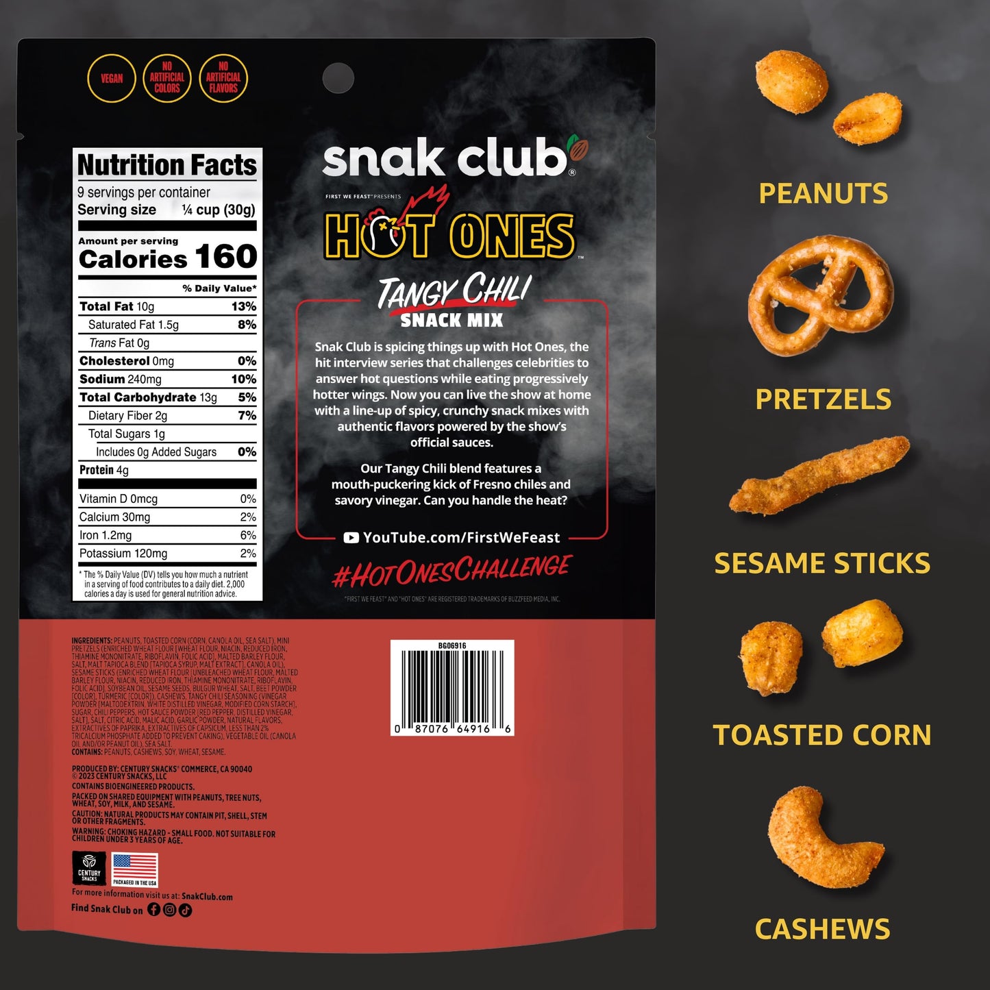 Snak Club x Hot Ones Tangy Chili Snack Mix  Mild Spicy Snacks with Peanuts  Pretzels  Sesame Sticks  Toasted Corn & Cashews  Inspired by Hot Ones Hot Sauce  10 oz Resealable Bag (6 Count)