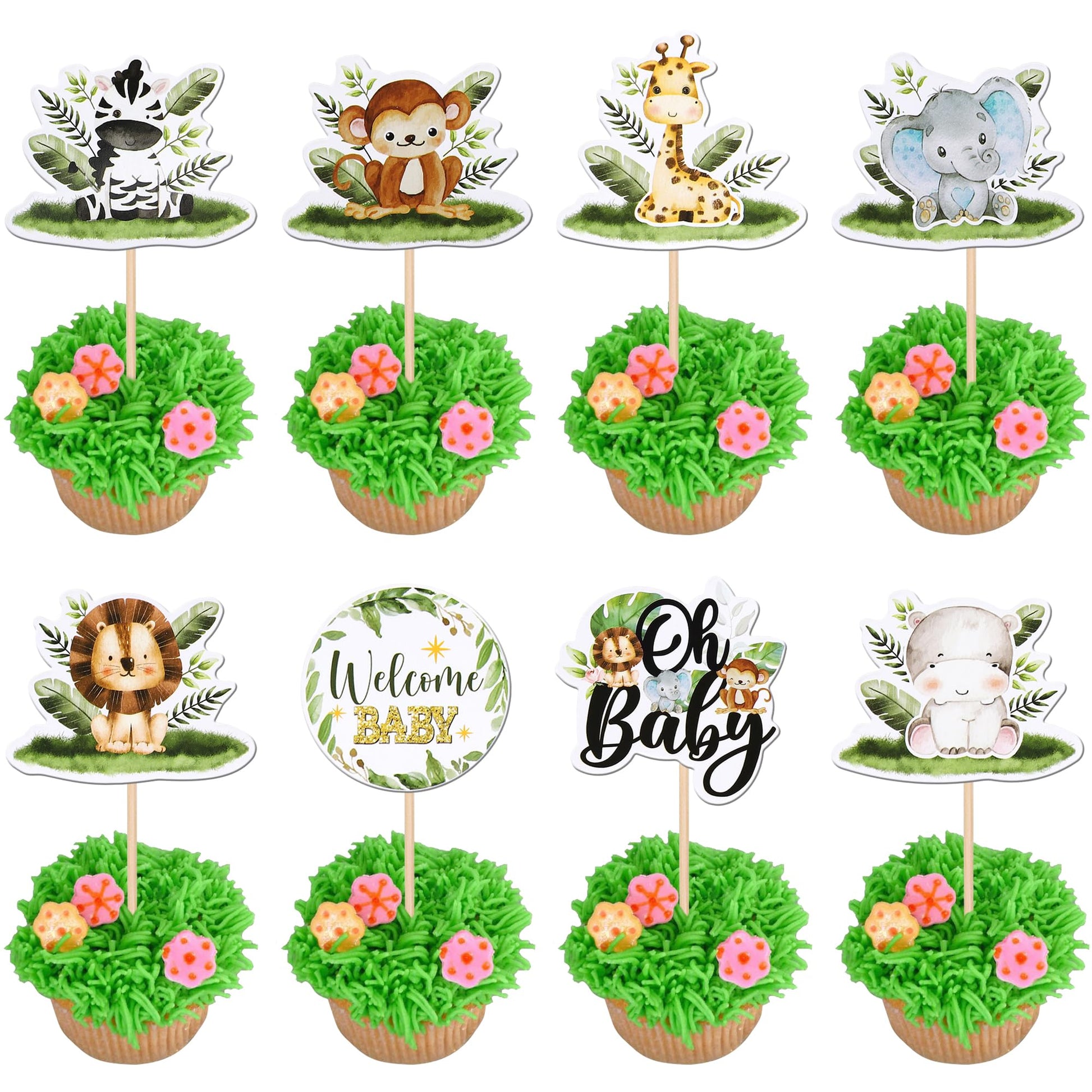 40 PCS Safari Animals Baby Shower Cupcake Toppers Oh Baby Jungle Animals Cupcake Picks Elephant Giraffe Lion Hippo Monkey Zebra 