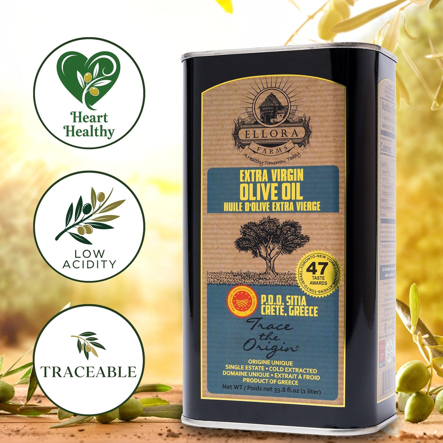 Ellora Farms, Greek Extra Virgin Olive Oil, Certified PDO SITIA, Single Estate, Single Origin, Single Variety, Cold Press & Trac