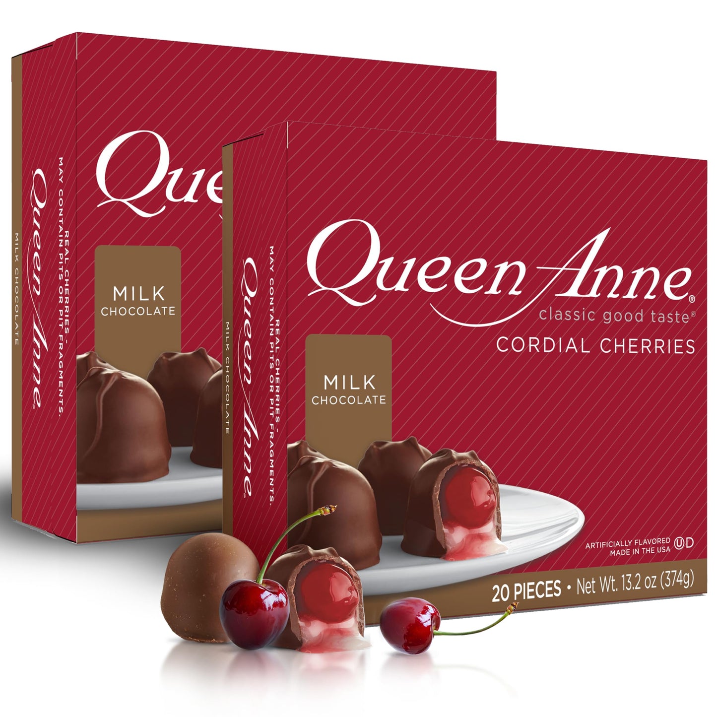 Queen Anne Milk Chocolate Covered Cordial Cherries | 13.2 Oz (Pack Of 2) | 20 Piece Gift Boxes | Whole Maraschino Cherry Creamy Filled Liquid Center | Holiday Party Chocolate Candy