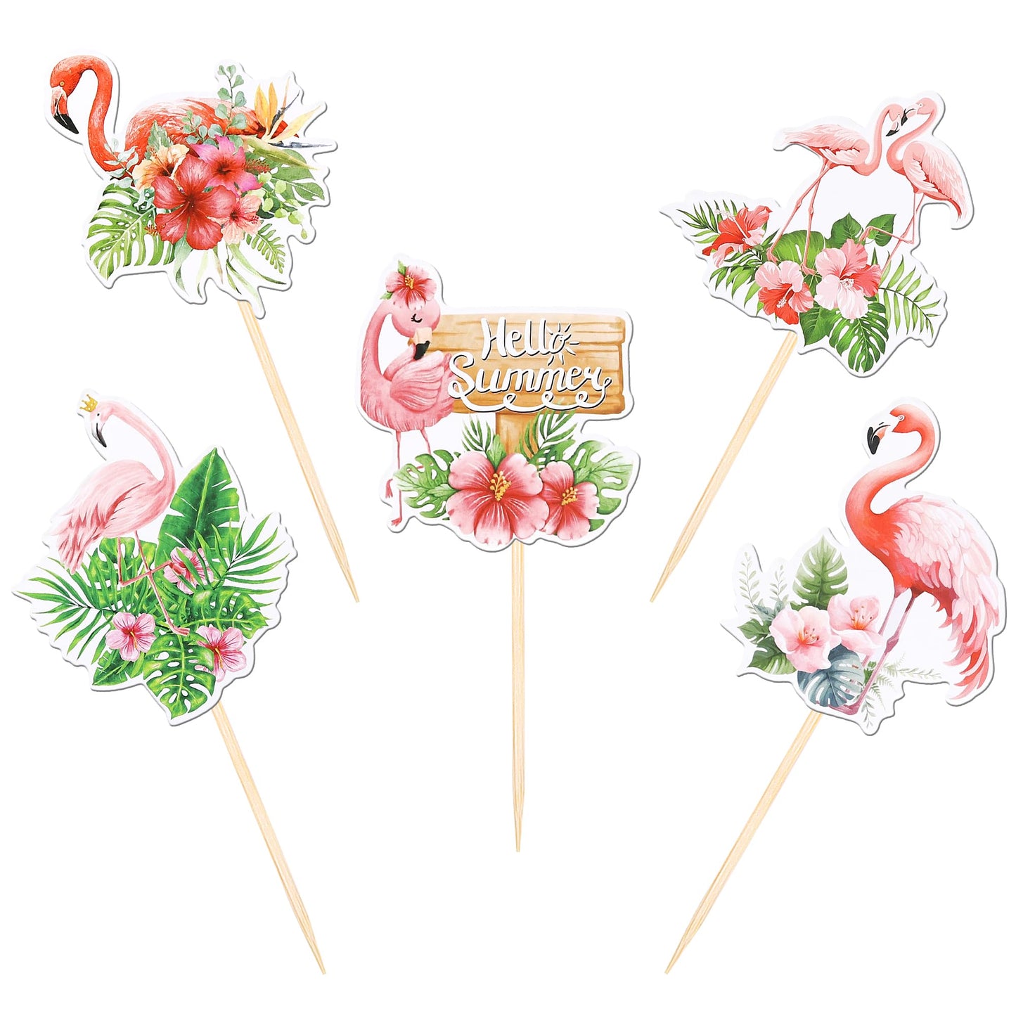 30 Pcs Flamingo Cupcake Toppers Double Sided Flower Tropical Aloha Luau Picks Hello Summer Cake Decorations For Hawaii Theme Bab