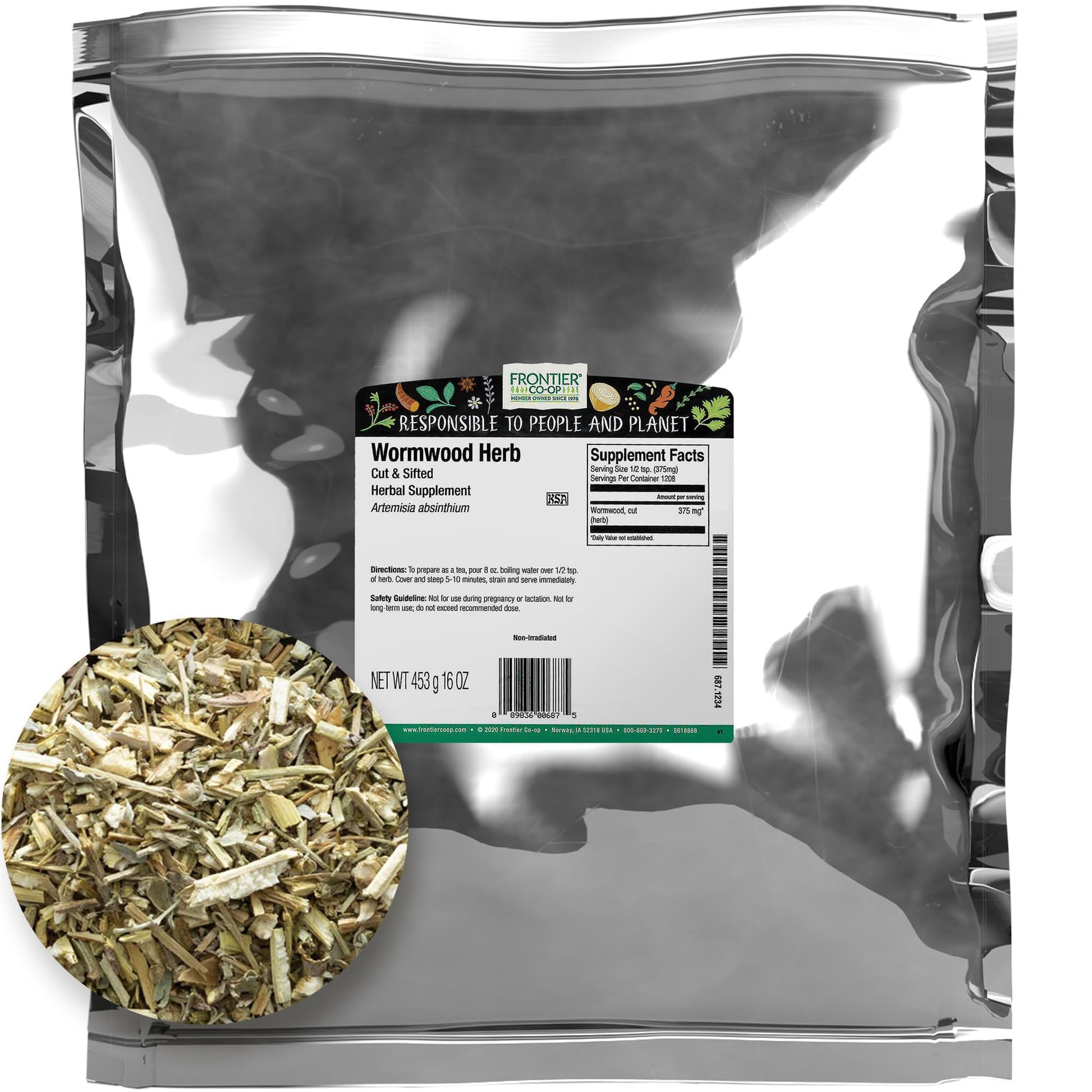 Frontier Co-op Wormwood Herb, Cut and Sifted, 1 Pound Bulk Bag, Kosher