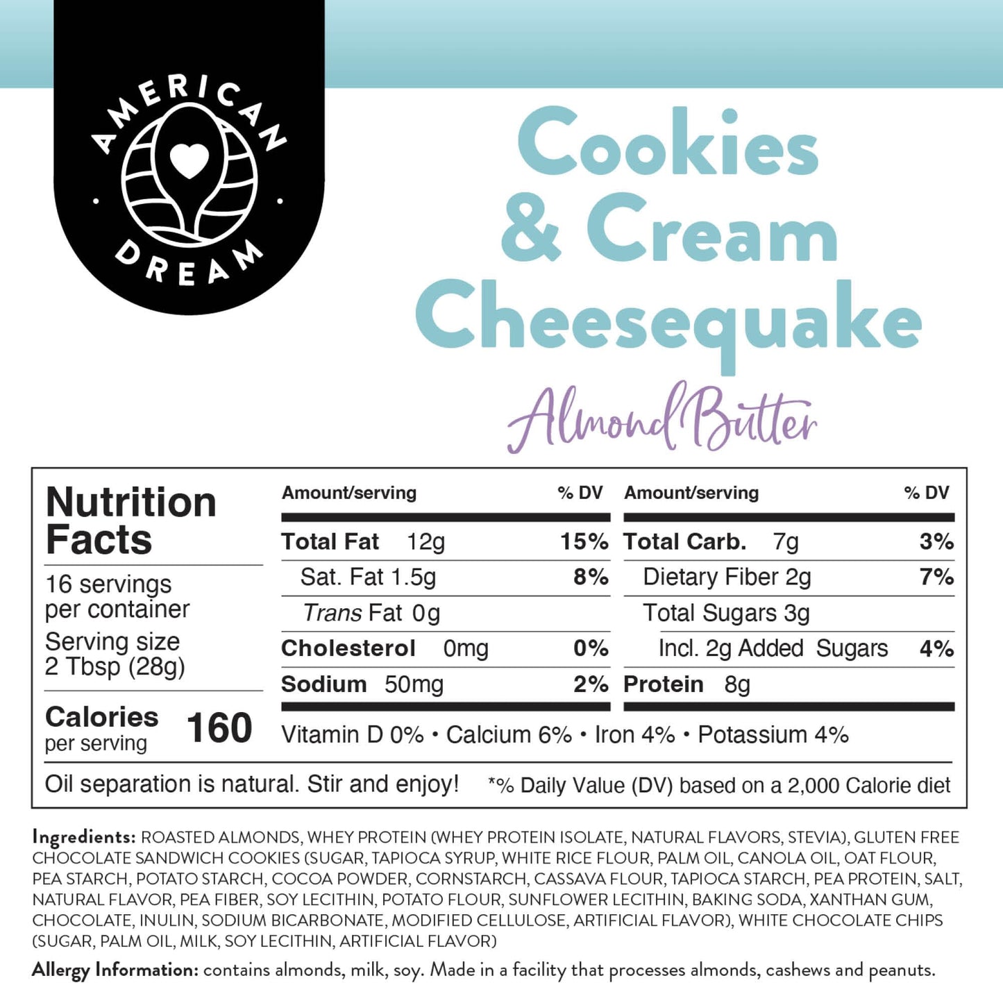 American Dream Nut Butter - Gluten-Free Cookies & Cream Cheesequake Almond Butter