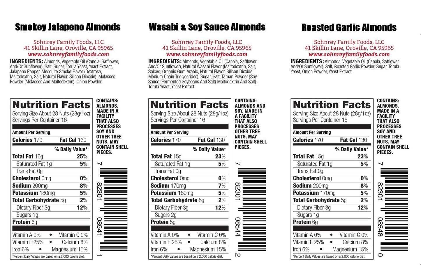 Bold Flavored Roasted Almonds - Smokey Jalapeno, Garlic, Wasabi And Soy Sauce - Holiday Party Snacks - Sohnrey Family Foods Vari