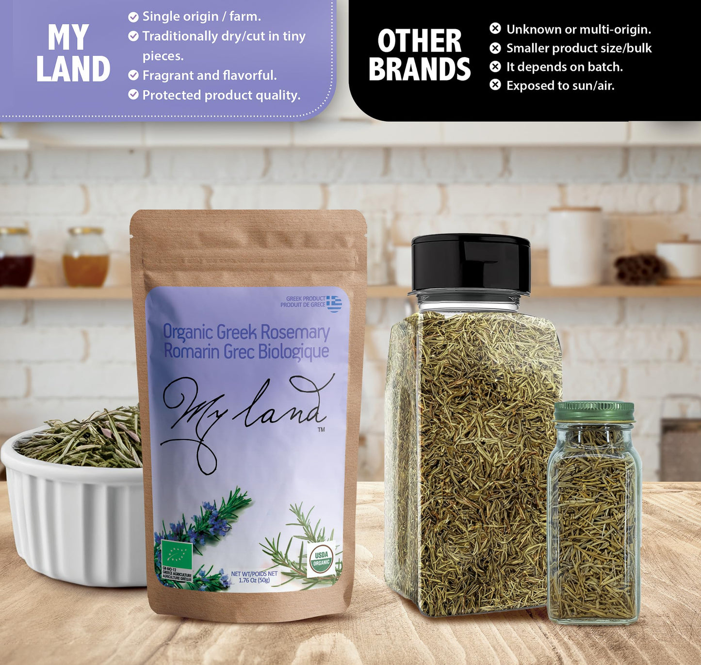 My Land Organic Dried Rosemary Leaves - 1.76 oz (50 g) | USDA Certified Organic Herb for Tea & Culinary Use | Naturally Aromatic