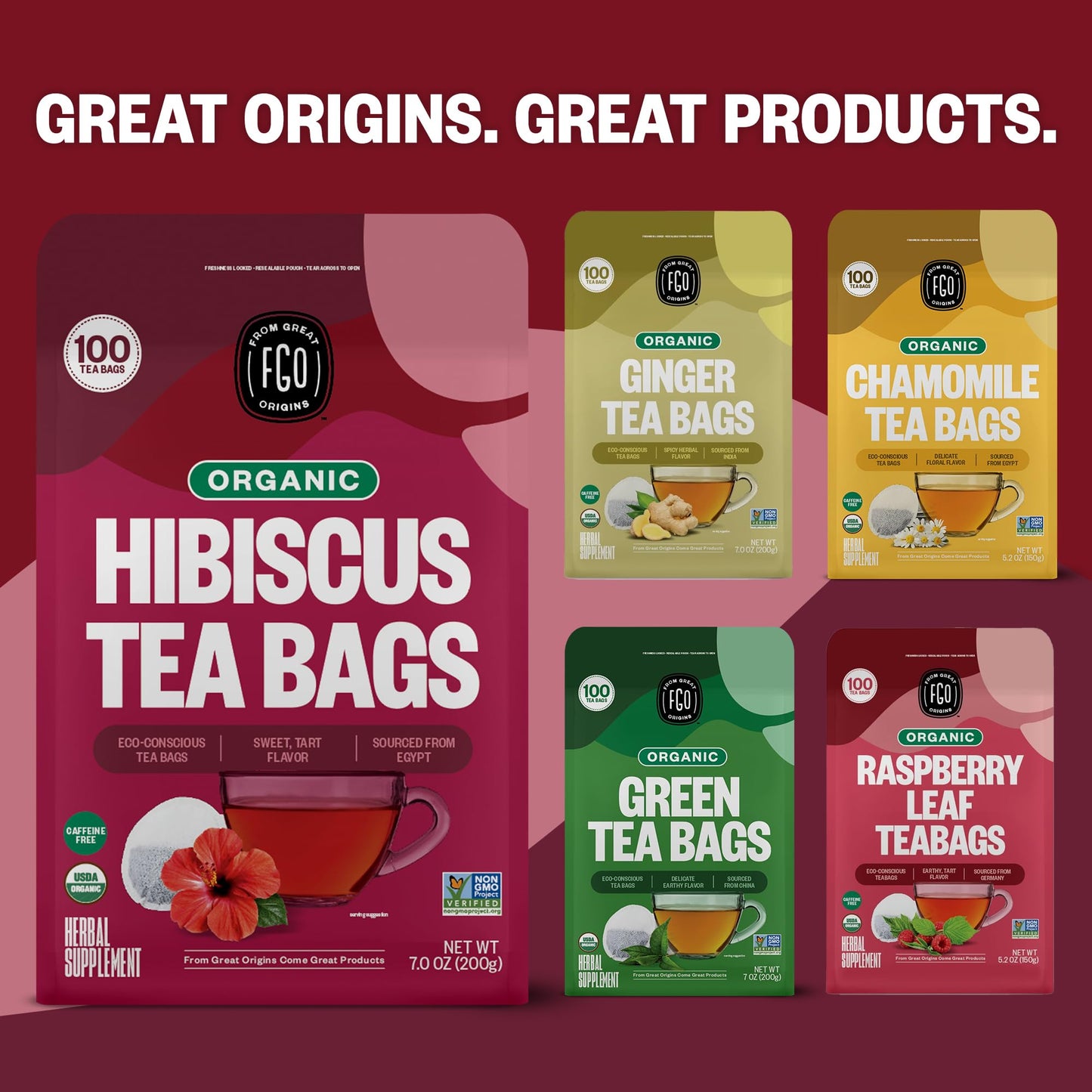 FGO Organic Hibiscus Herbal Tea  40 Count  Eco-Conscious Tea Bags  Caffeine Free (Pack of 1)