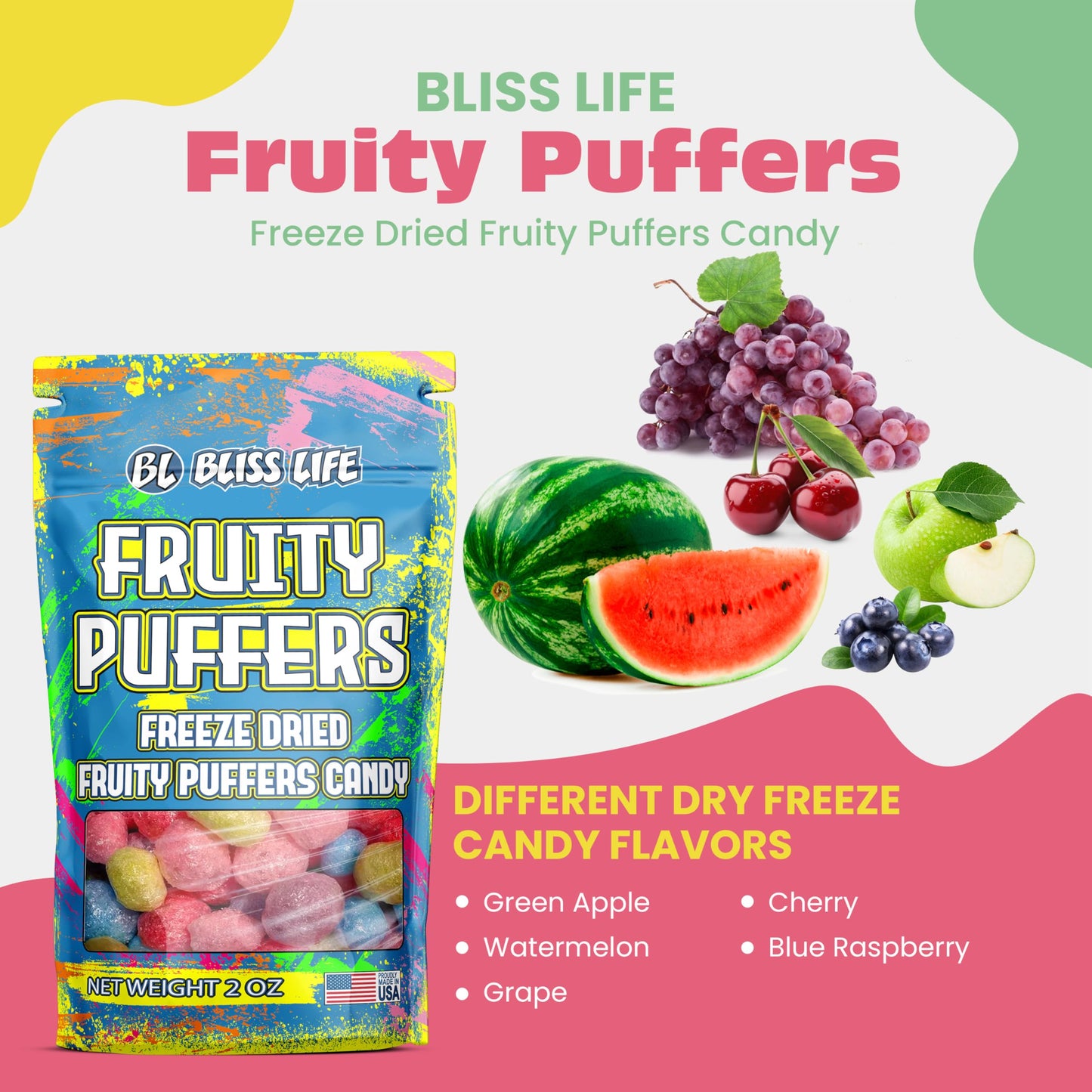 Bliss Life Fruity Puffers Freeze Dried Candy Variety Pack 2 Oz - Extreme Sour Flavor, Delightful Crunch, Melts In Your Mouth, Ma