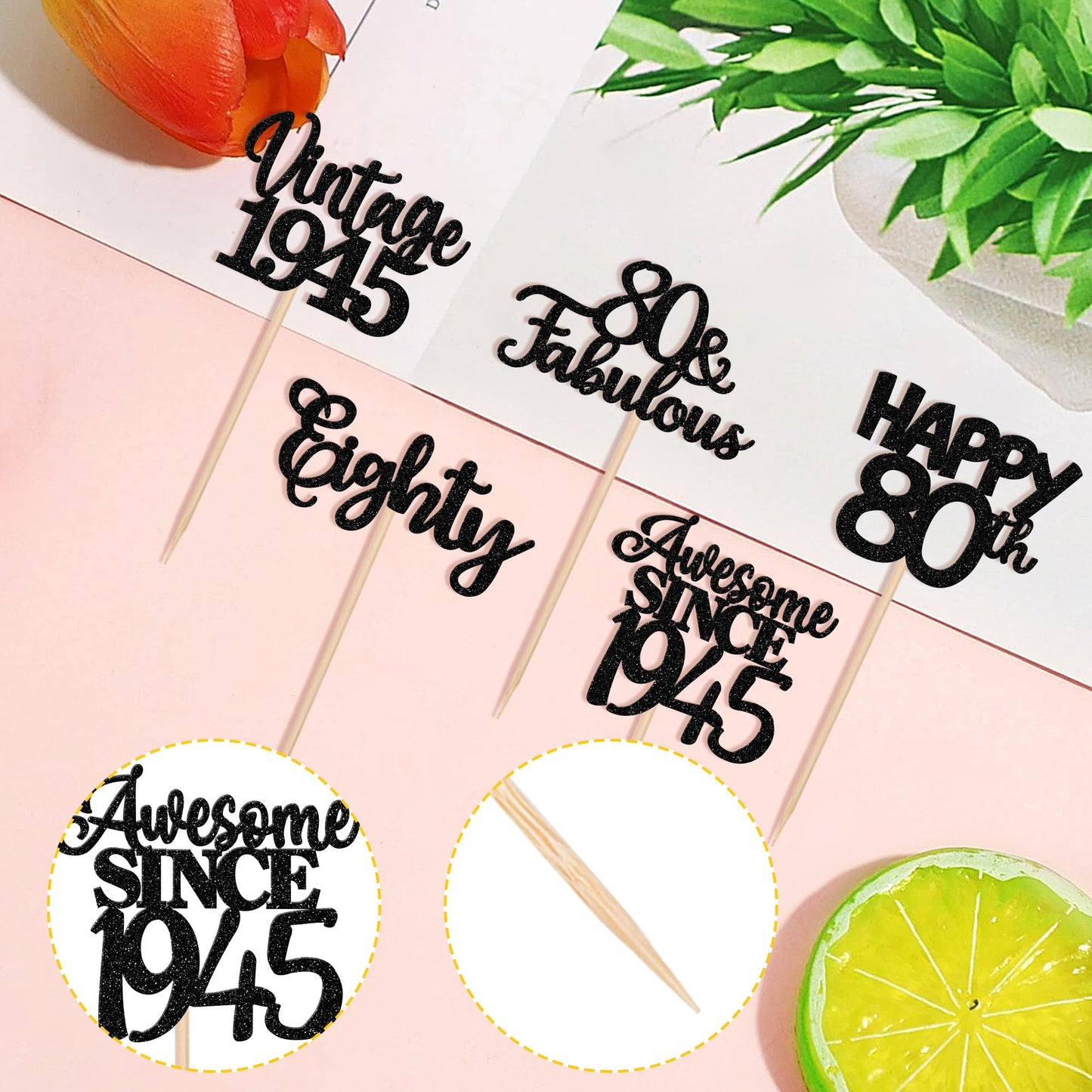 30Pcs Happy 80Th Birthday Cupcake Toppers Glitter Awesome Since 1943 Eighty 80 Fabulous Vintage 1943 Cupcake Picks For 80Th Birt