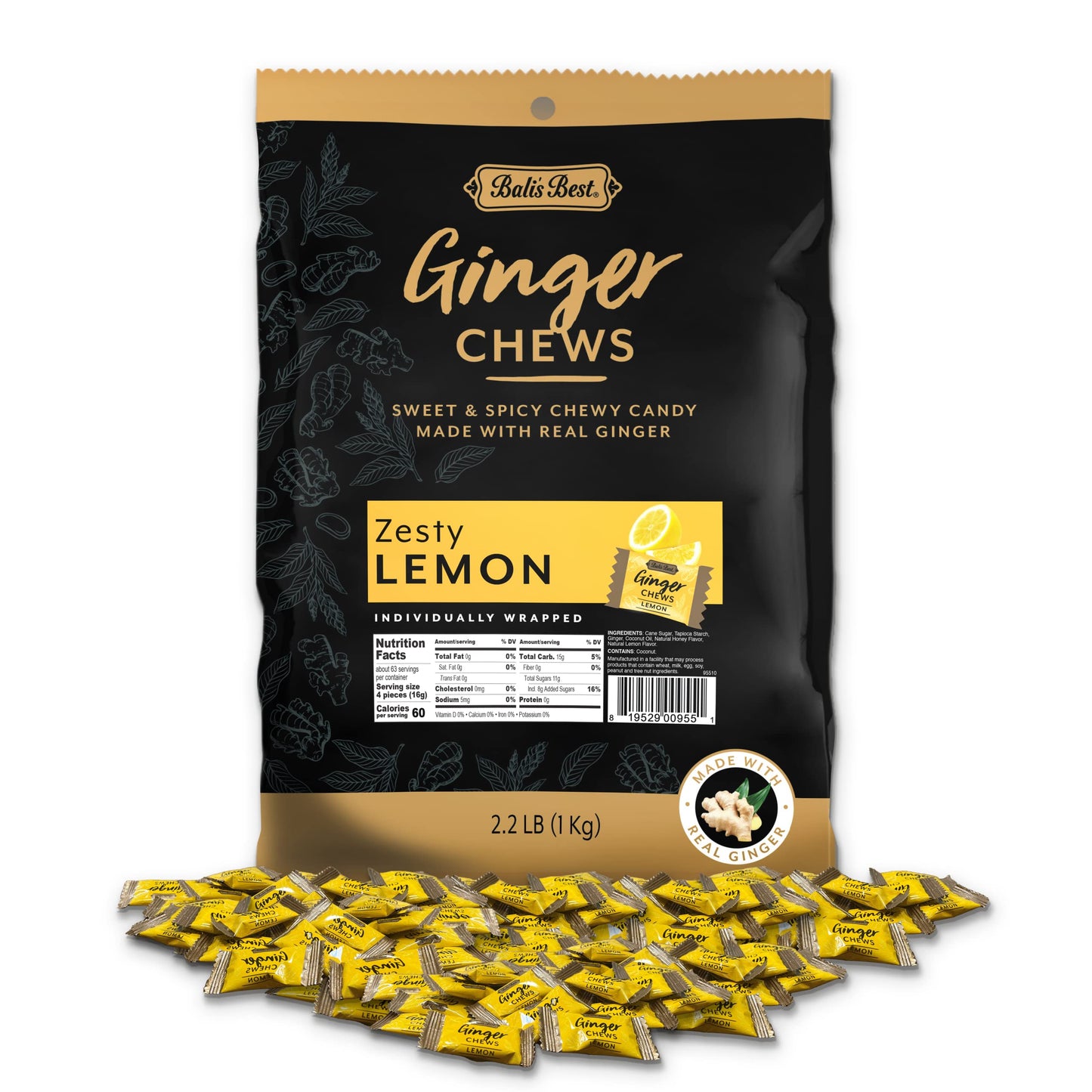 Balis Best Ginger Chews - Zesty Lemon Flavor (2.2 Lb Bulk Bag) 100% Real Ginger Sweet Spicy Chewy Ginger Candies Great Snacks Fo