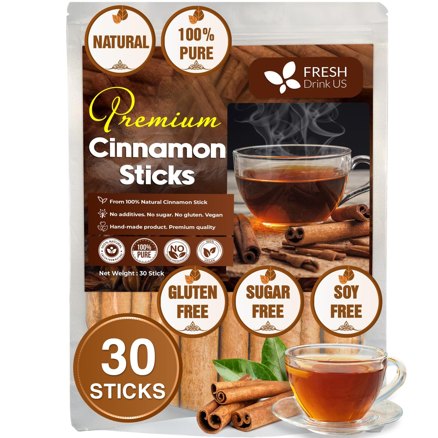 FRESHDRINKUS Premium Cinnamon Sticks, 100% Natural Inner Bark, Strong Aroma, 30 Counts