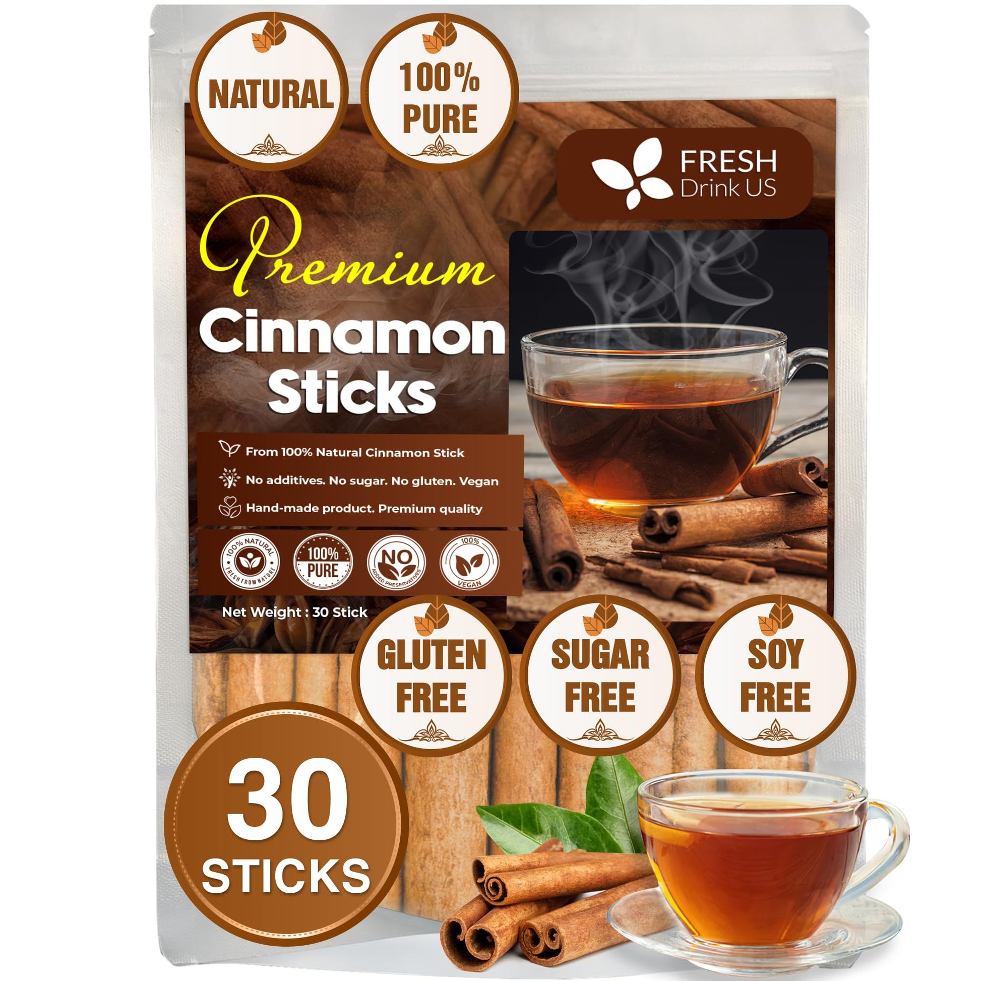 FRESHDRINKUS Premium Cinnamon Sticks, 100% Natural Inner Bark, Strong Aroma, 30 Counts