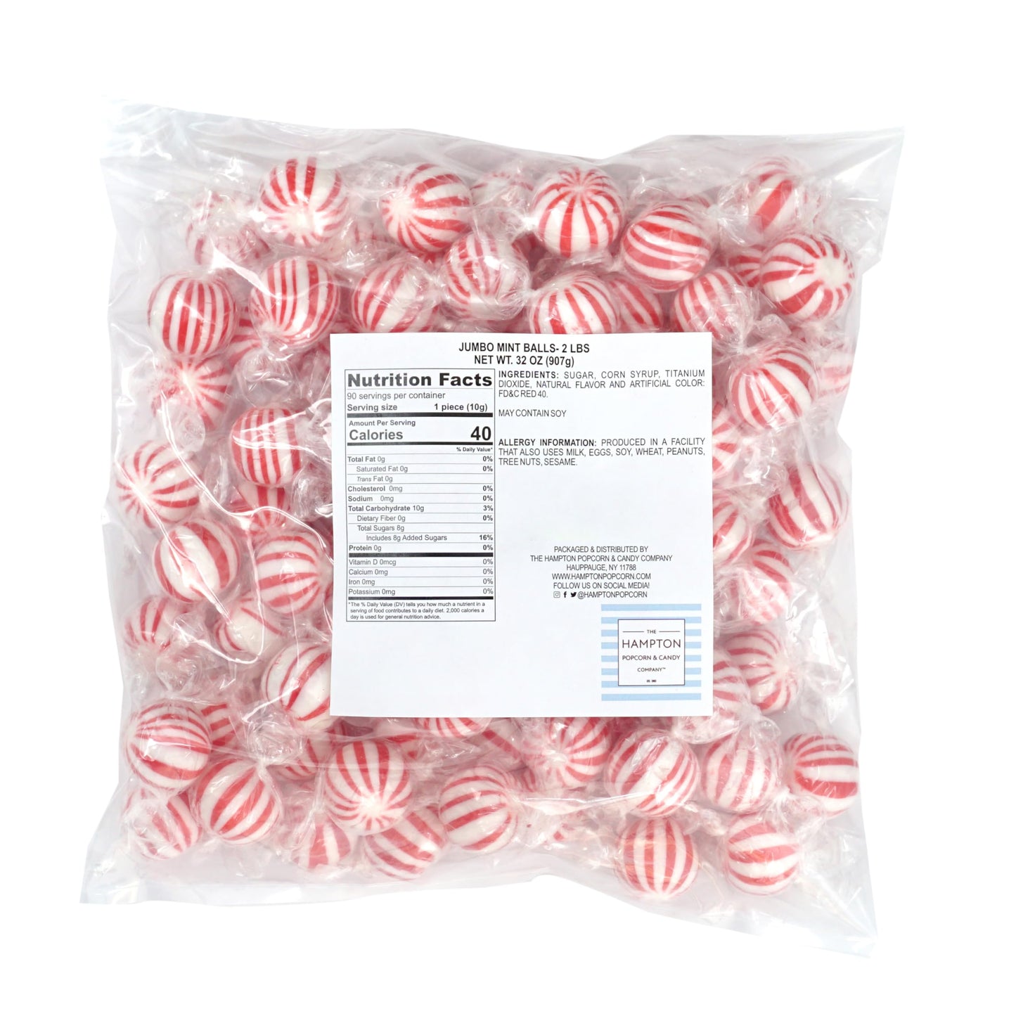 Jumbo Mint Balls Hard Candy, 2 Pound Bulk Candy Bag (Approx. 70 Pcs), Peppermint Balls, Individually Wrapped Peppermint Candy