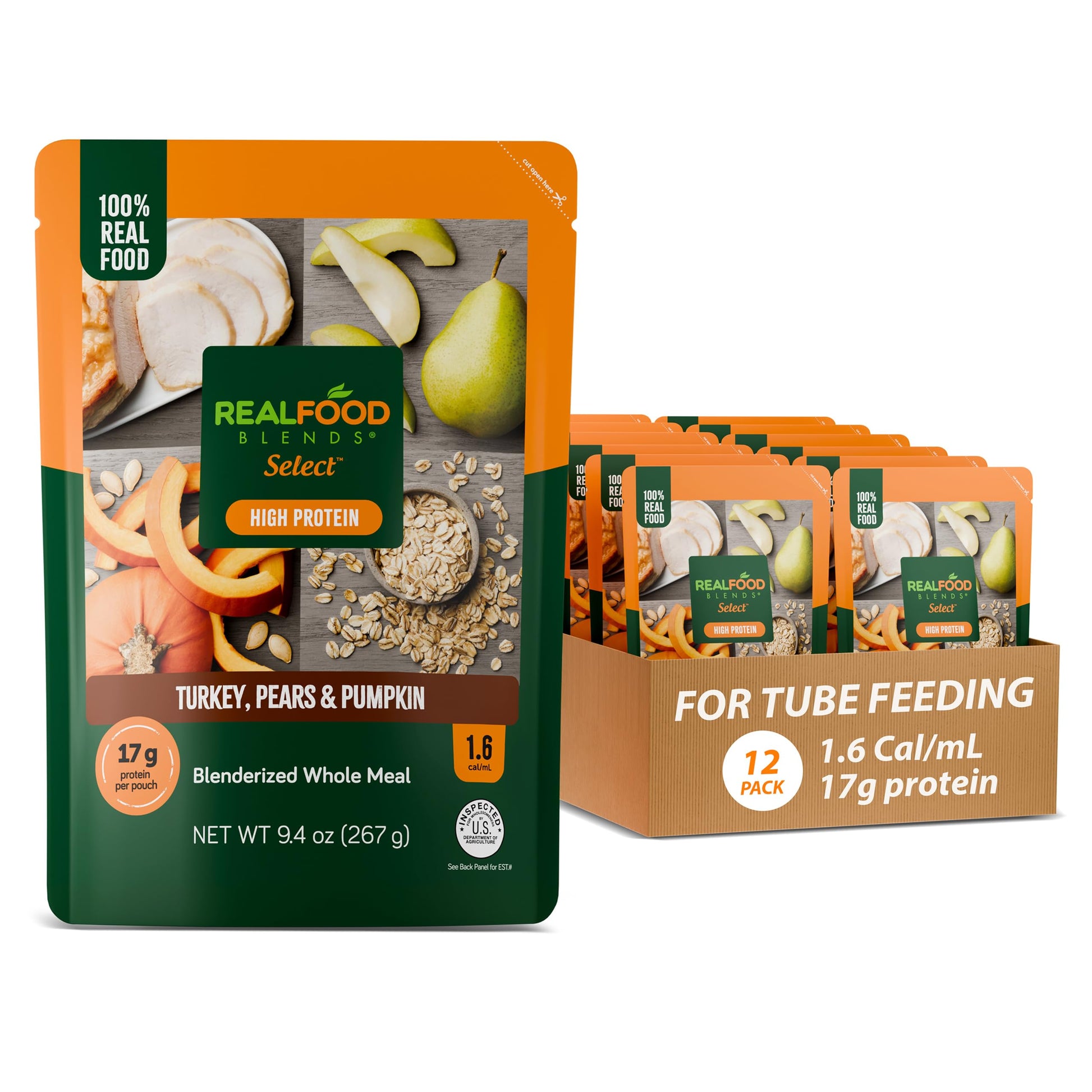 Real Food Blends Select Turkey, Pears & Pumpkin - Pureed Food Meal for Feeding Tubes, 9.4 oz Pouch (Pack of 12 Pouches)