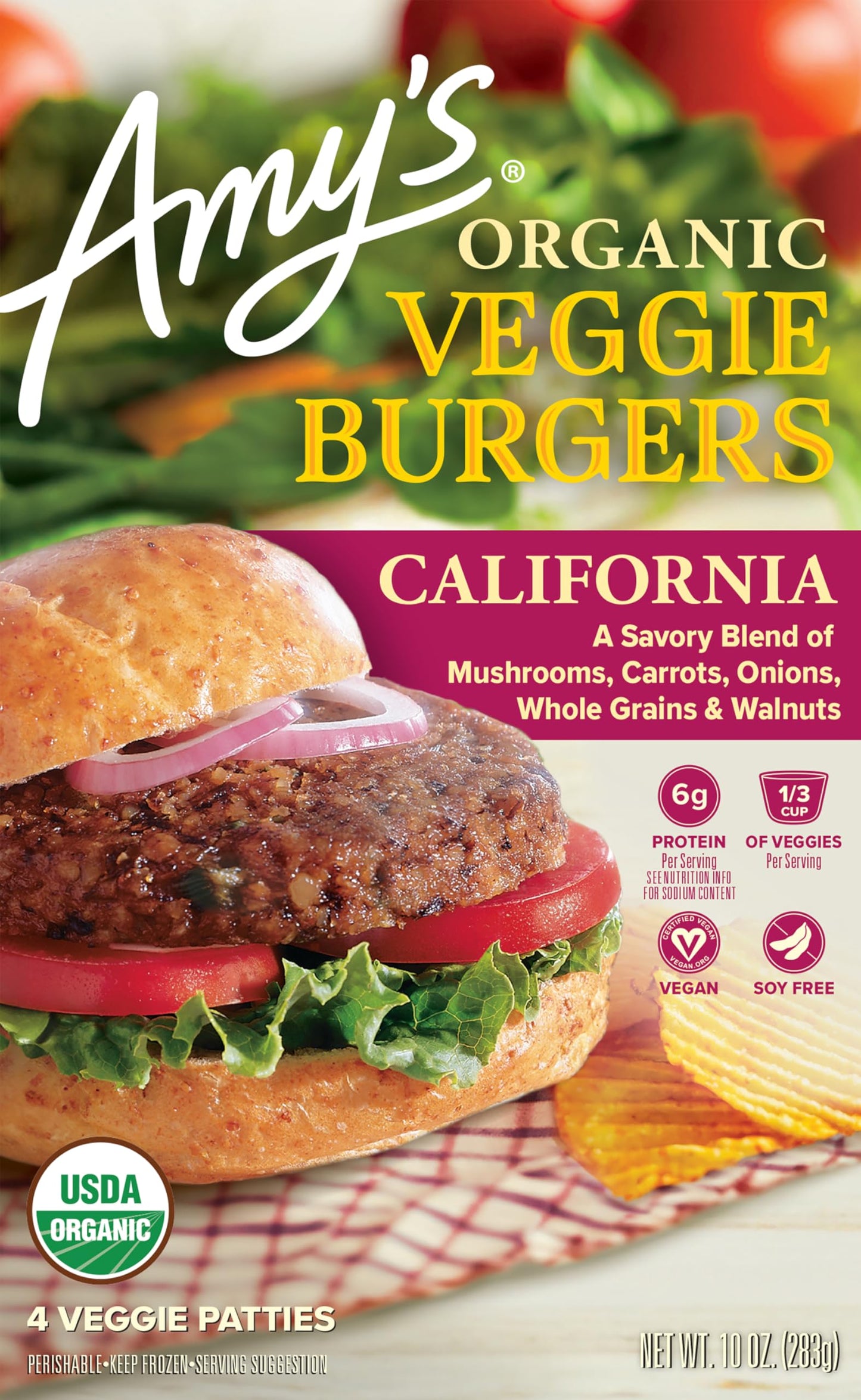 Amys Frozen Meals, Vegan and Dairy Free Veggie Burger, USDA Organic, 10 oz. (4 Pack)