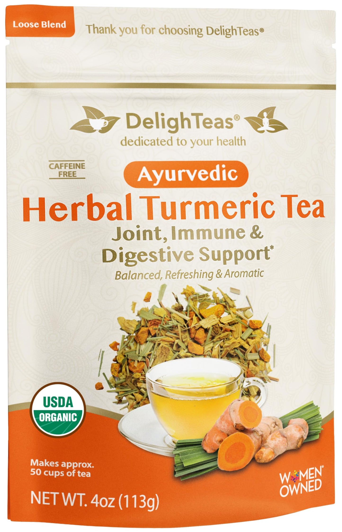 DelighTeas Organic Turmeric Ginger Tea, Loose Leaf Herbal, 4oz, Non-GMO, Caffeine Free, 50 Servings