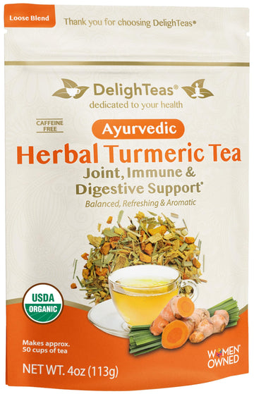 DelighTeas Organic Turmeric Ginger Tea, Loose Leaf Herbal, 4oz, Non-GMO, Caffeine Free, 50 Servings