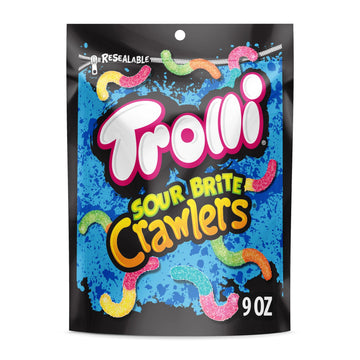 Trolli Sour Brite Crawlers, Candy, Cherry-Lemon, Strawberry-Grape & Orange-Lime, Sweet And Sour, Gummy Worms, 9 Oz
